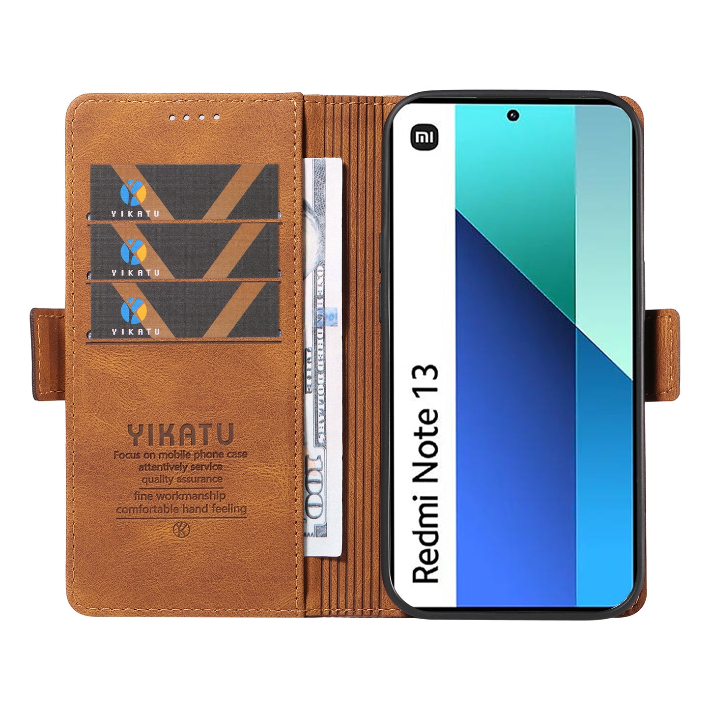 YIKATU YK-005 For Xiaomi Redmi Note 13 4G Wallet Cover Skin-touch Leather Phone Case - Brown