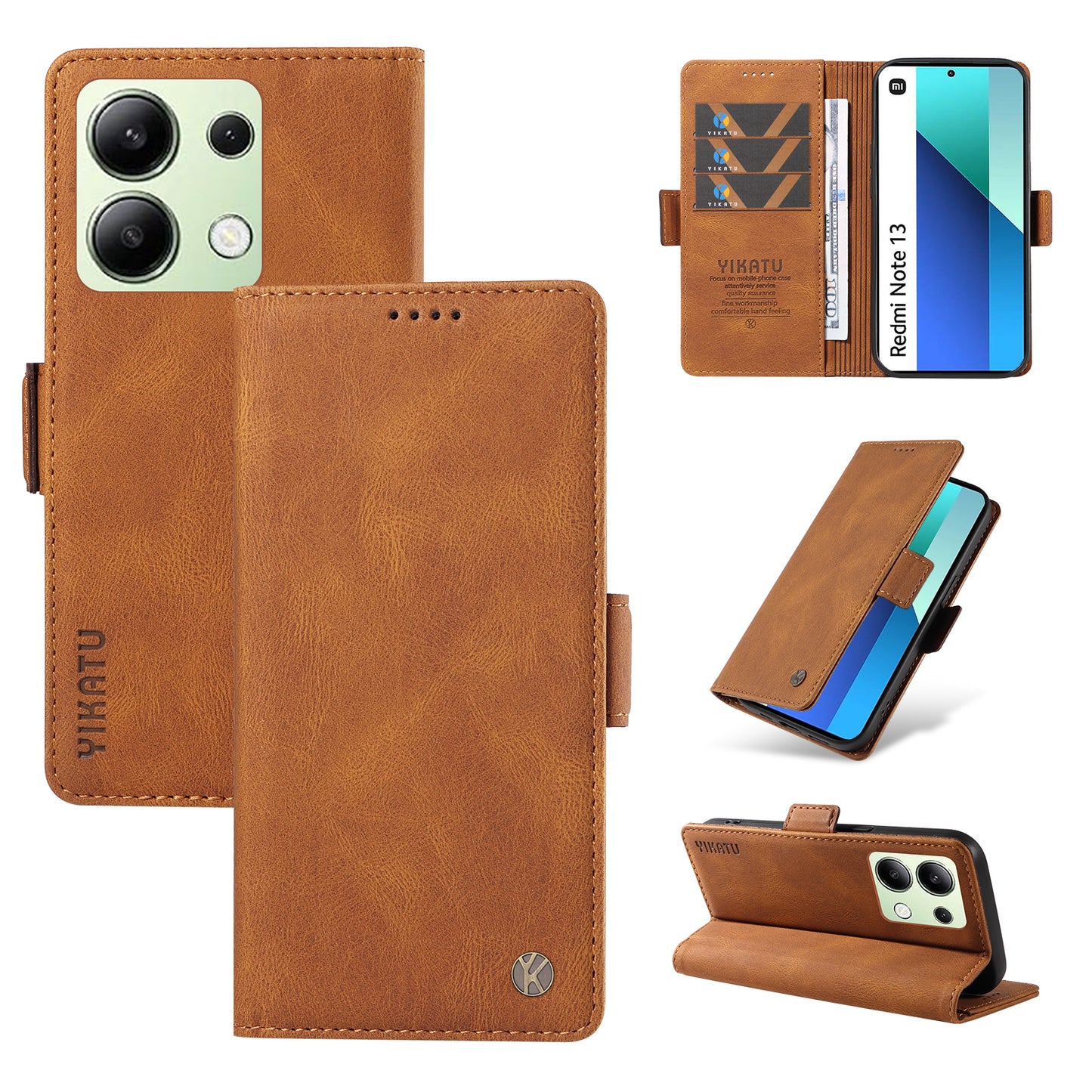 YIKATU YK-005 For Xiaomi Redmi Note 13 4G Wallet Cover Skin-touch Leather Phone Case - Brown