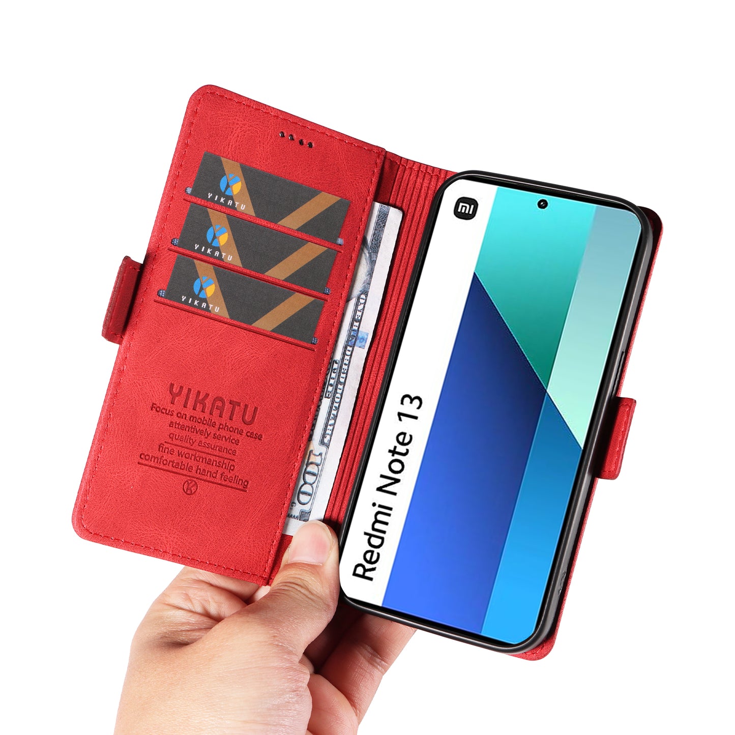 YIKATU YK-005 For Xiaomi Redmi Note 13 4G Wallet Cover Skin-touch Leather Phone Case - Red