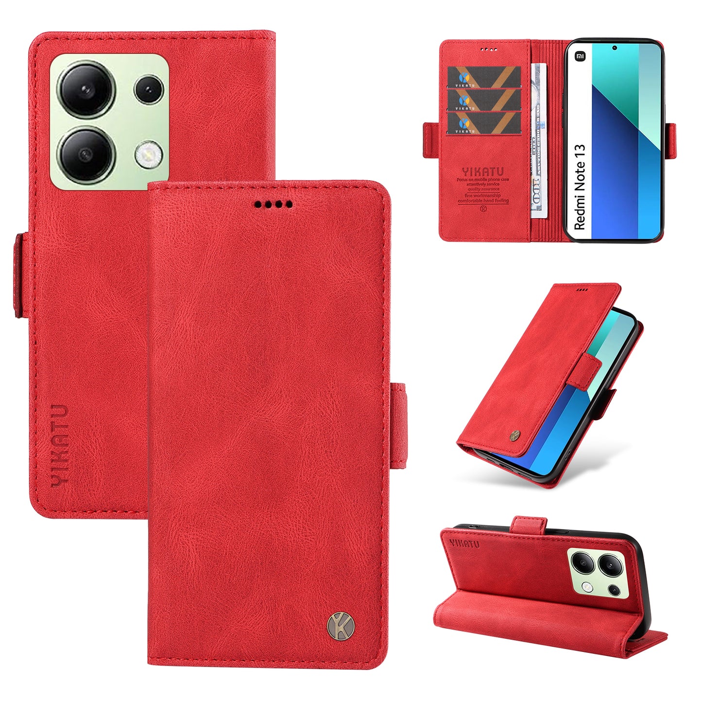 YIKATU YK-005 For Xiaomi Redmi Note 13 4G Wallet Cover Skin-touch Leather Phone Case - Red