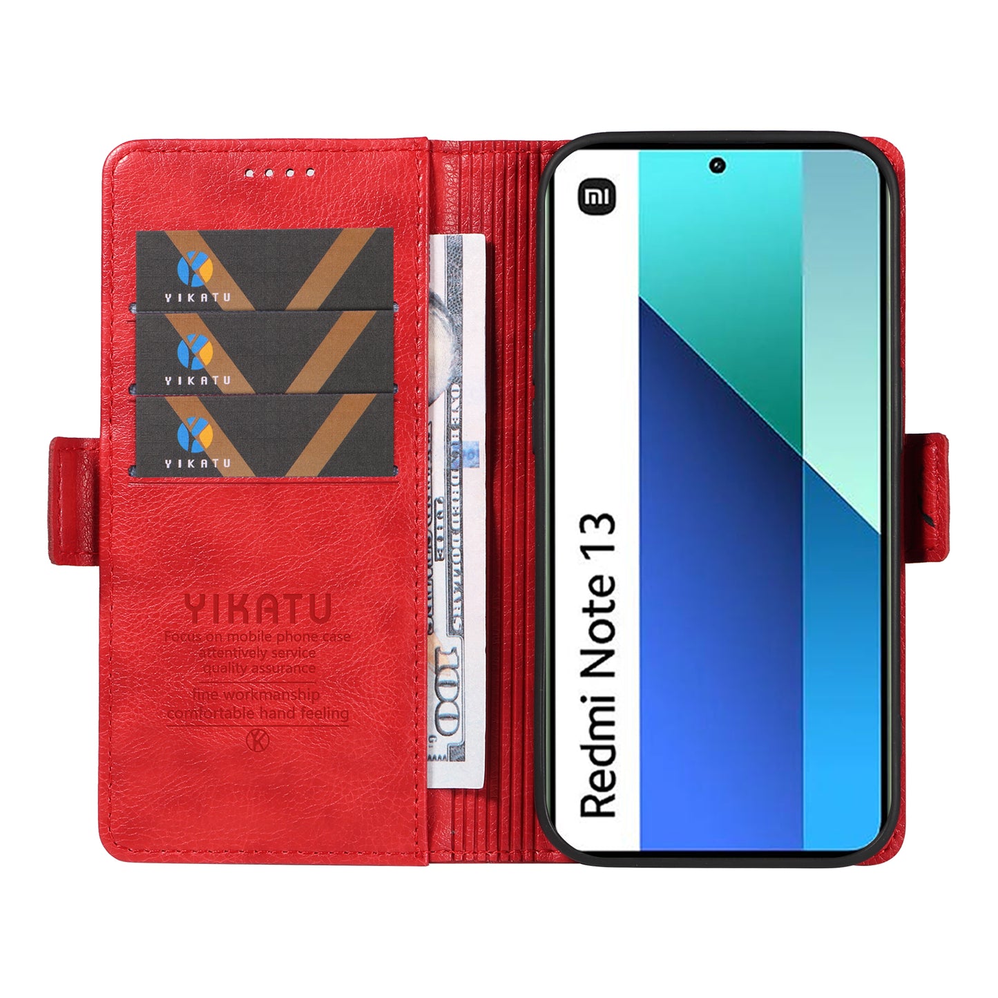 YIKATU YK-007 For Xiaomi Redmi Note 13 4G Leather Case Litchi Texture Cover Phone Wallet - Red