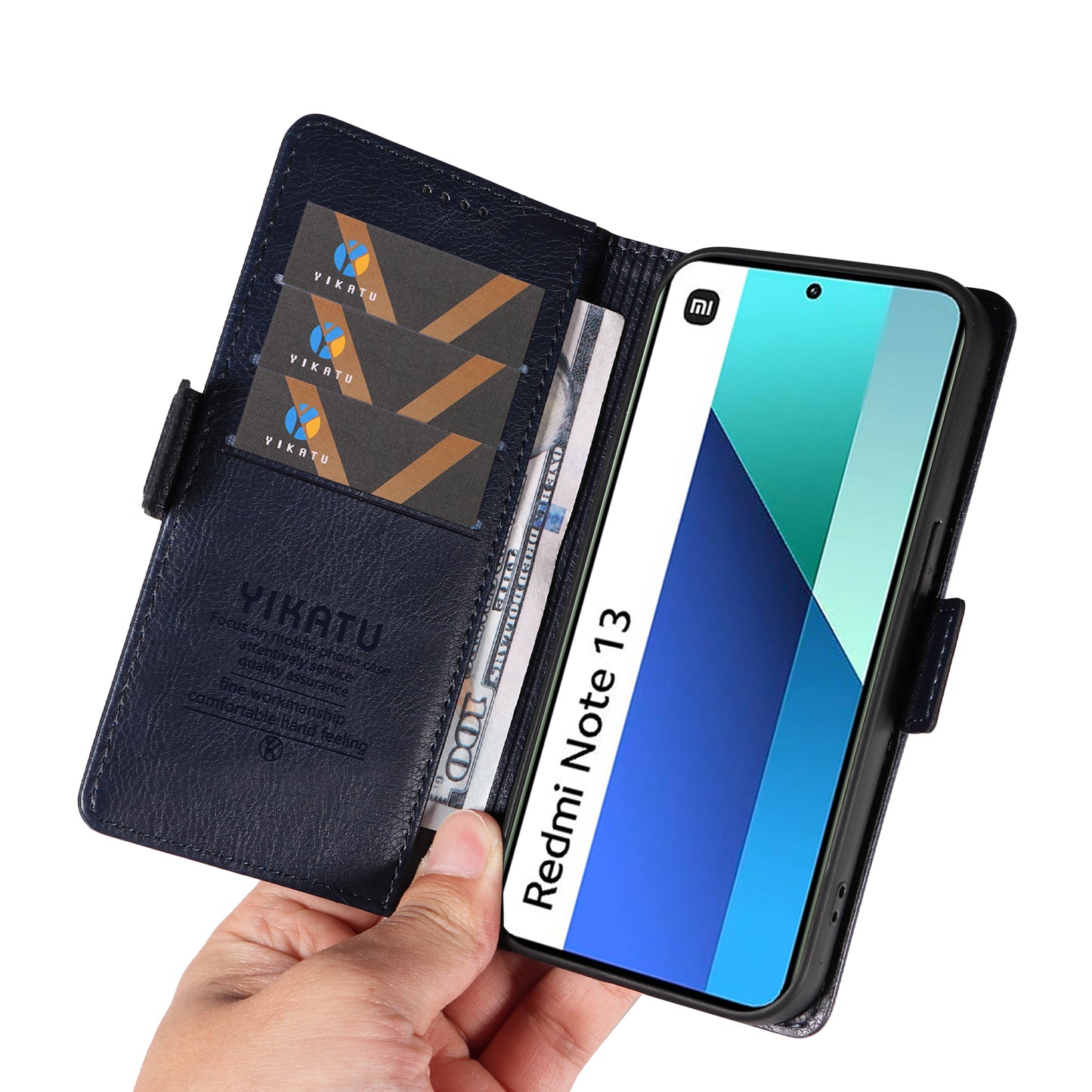YIKATU YK-007 For Xiaomi Redmi Note 13 4G Leather Case Litchi Texture Cover Phone Wallet - Navy Blue