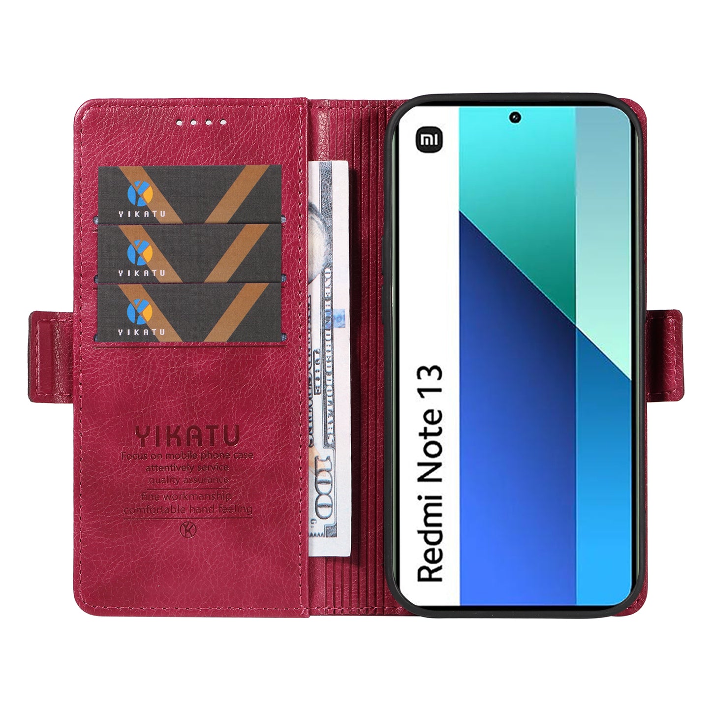 YIKATU YK-007 For Xiaomi Redmi Note 13 4G Leather Case Litchi Texture Cover Phone Wallet - Wine Red