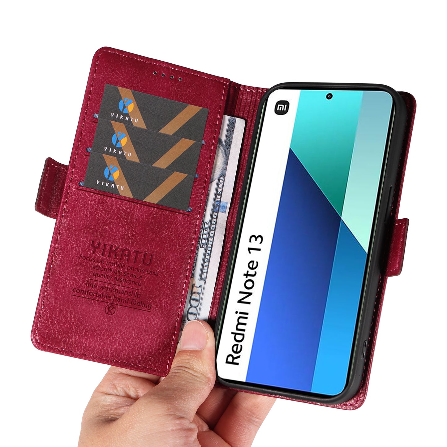 YIKATU YK-007 For Xiaomi Redmi Note 13 4G Leather Case Litchi Texture Cover Phone Wallet - Wine Red