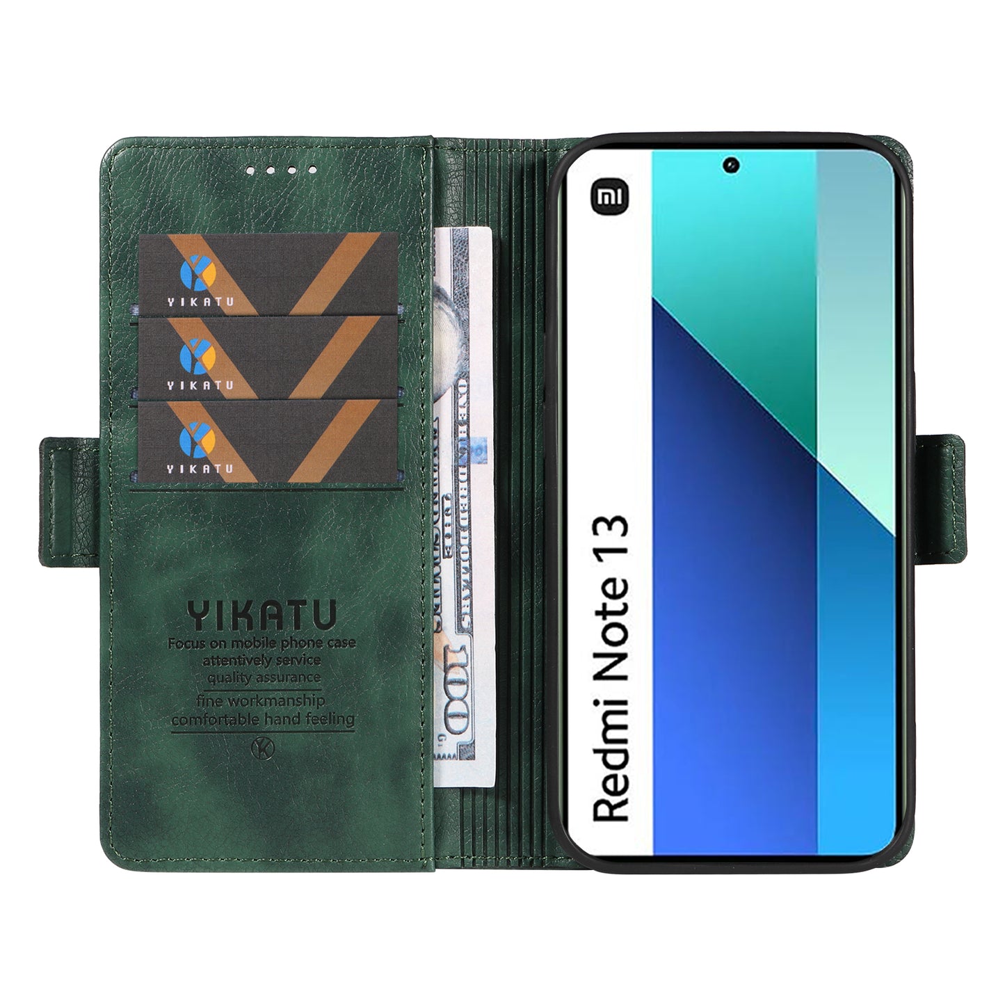 YIKATU YK-007 For Xiaomi Redmi Note 13 4G Leather Case Litchi Texture Cover Phone Wallet - Green