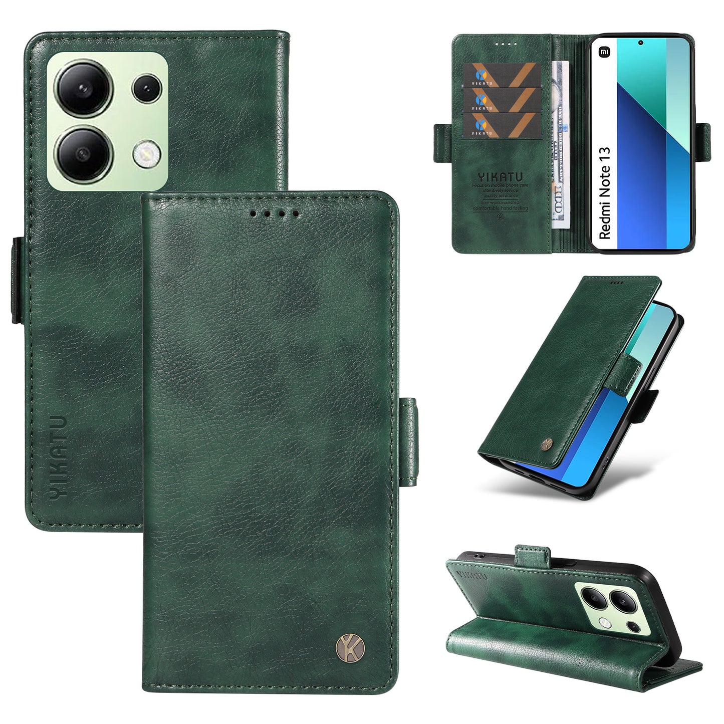 YIKATU YK-007 For Xiaomi Redmi Note 13 4G Leather Case Litchi Texture Cover Phone Wallet - Green