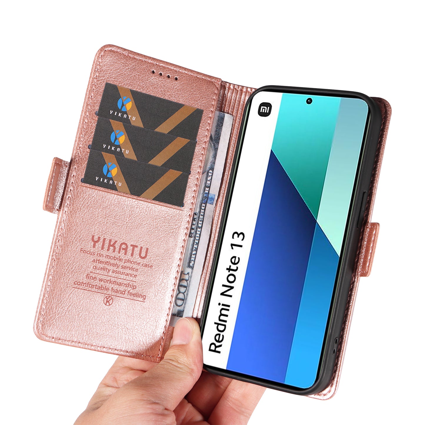 YIKATU YK-007 For Xiaomi Redmi Note 13 4G Leather Case Litchi Texture Cover Phone Wallet - Rose Gold