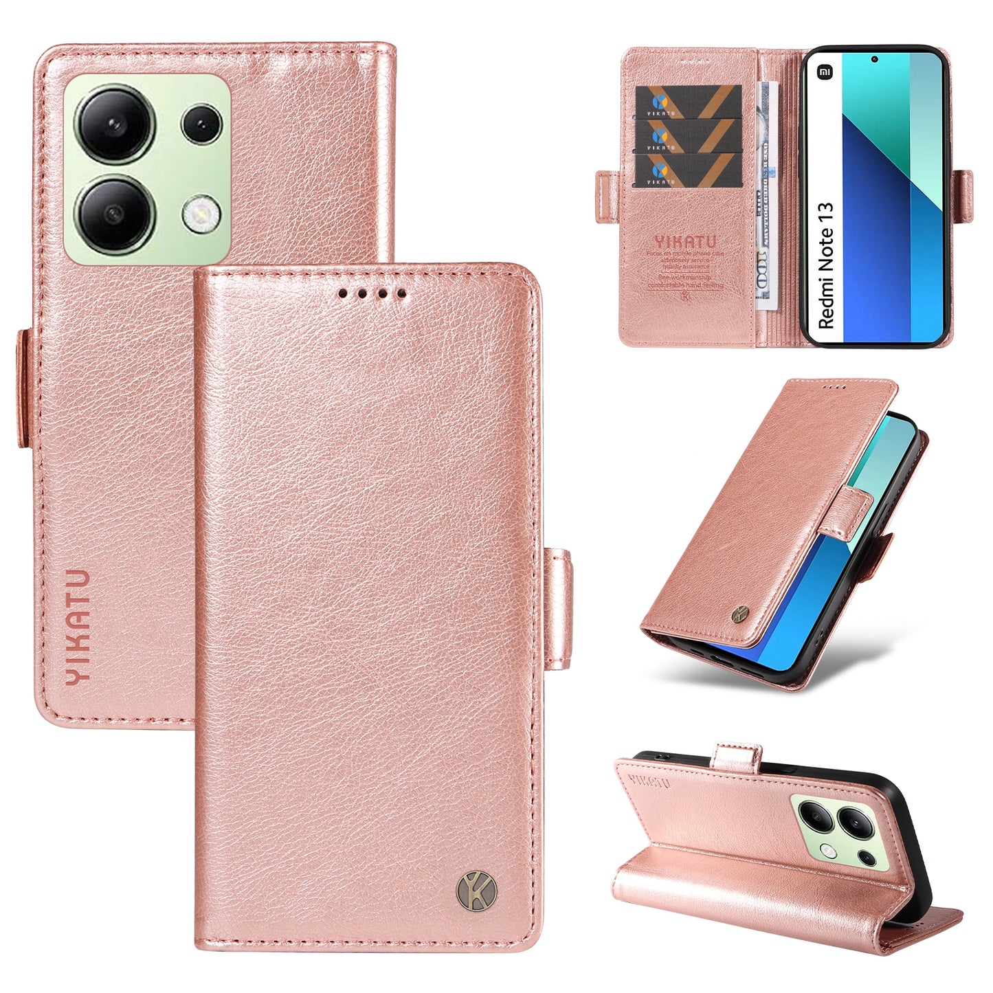 YIKATU YK-007 For Xiaomi Redmi Note 13 4G Leather Case Litchi Texture Cover Phone Wallet - Rose Gold