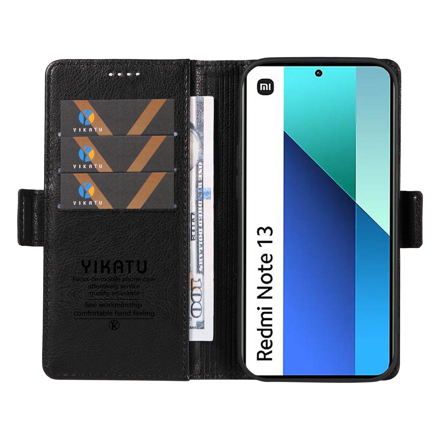 YIKATU YK-007 For Xiaomi Redmi Note 13 4G Leather Case Litchi Texture Cover Phone Wallet - Black
