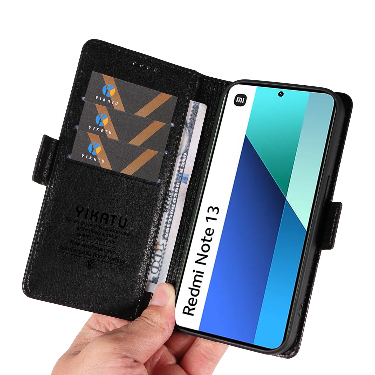 YIKATU YK-007 For Xiaomi Redmi Note 13 4G Leather Case Litchi Texture Cover Phone Wallet - Black