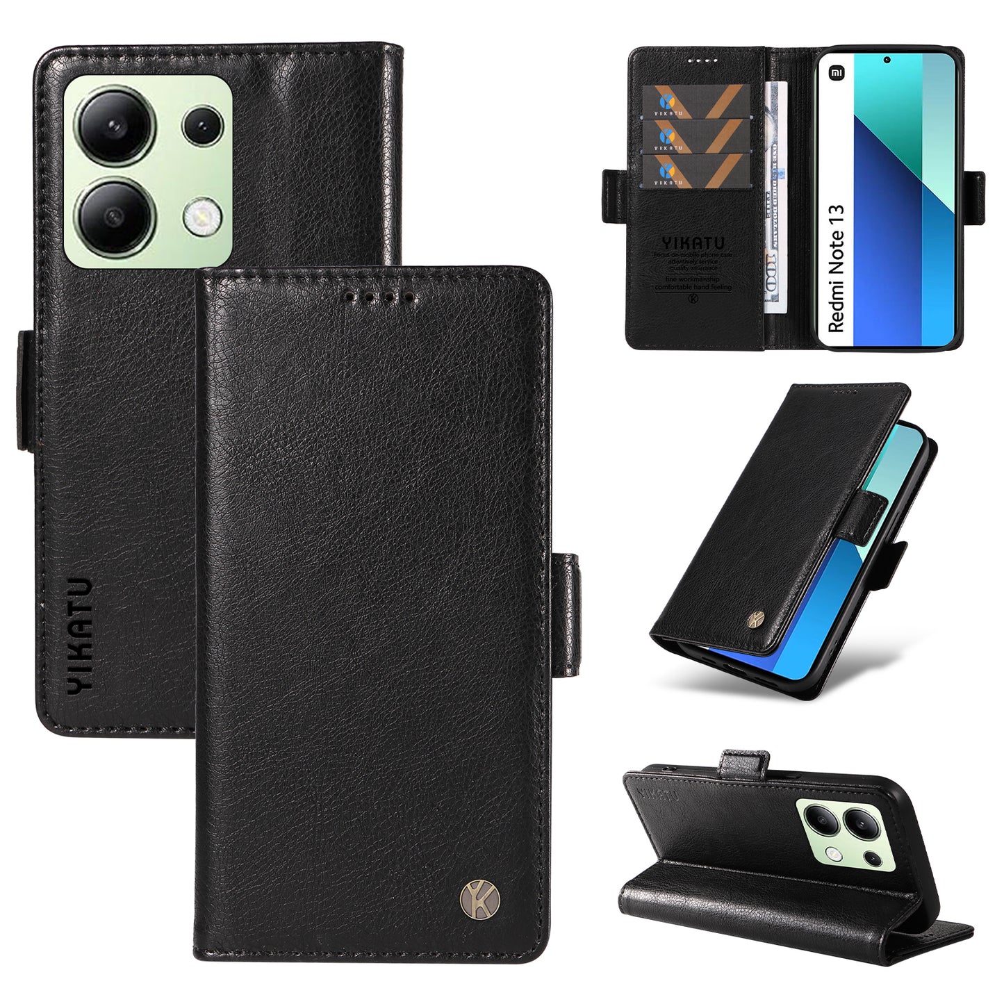 YIKATU YK-007 For Xiaomi Redmi Note 13 4G Leather Case Litchi Texture Cover Phone Wallet - Black