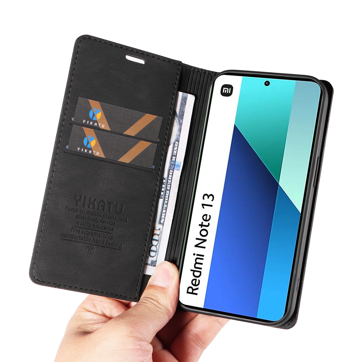 YIKATU YK-004 For Xiaomi Redmi Note 13 4G Leather Case Wallet Magnetic Closing - Black