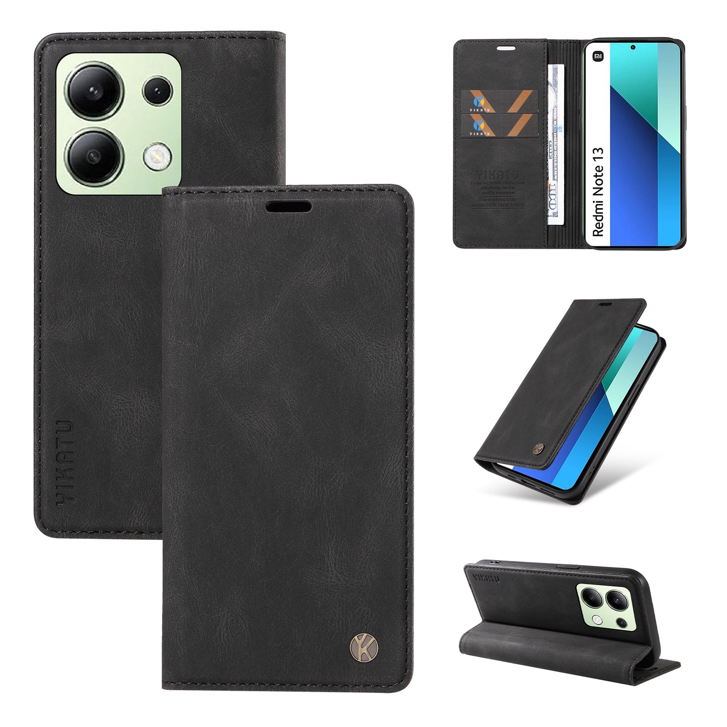YIKATU YK-004 For Xiaomi Redmi Note 13 4G Leather Case Wallet Magnetic Closing - Black