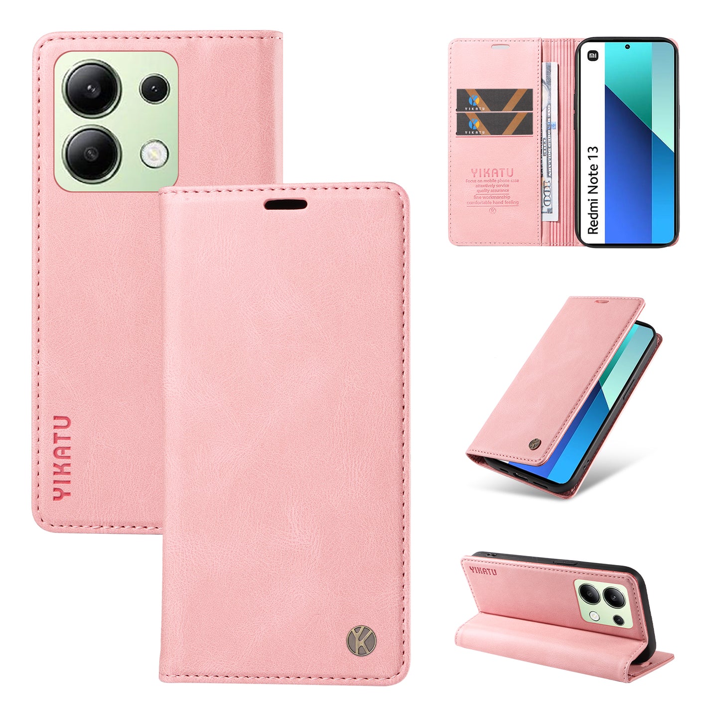 YIKATU YK-004 For Xiaomi Redmi Note 13 4G Leather Case Wallet Magnetic Closing - Pink