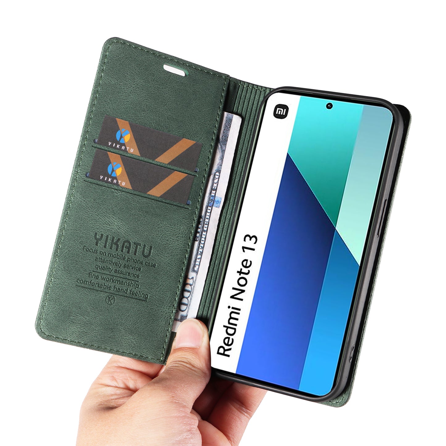 YIKATU YK-004 For Xiaomi Redmi Note 13 4G Leather Case Wallet Magnetic Closing - Green