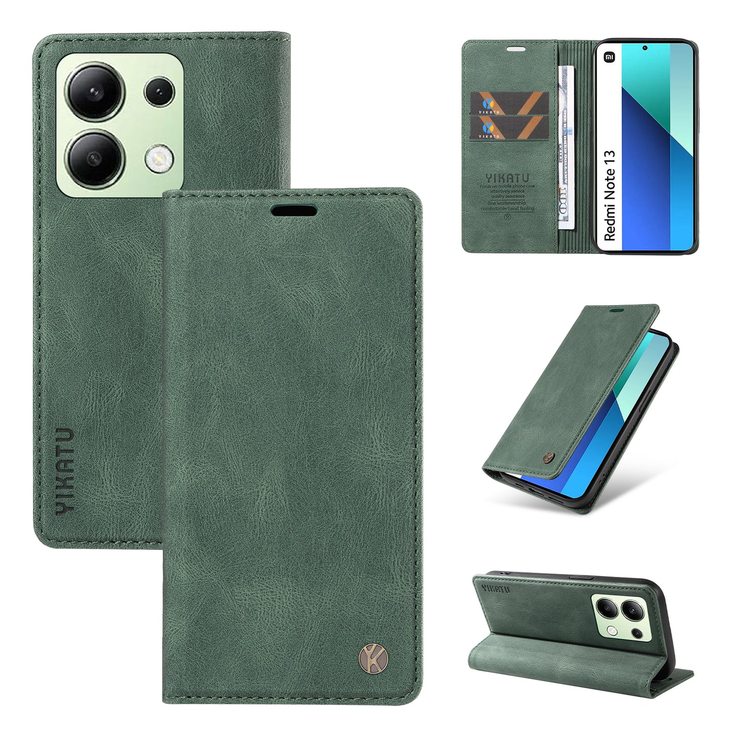YIKATU YK-004 For Xiaomi Redmi Note 13 4G Leather Case Wallet Magnetic Closing - Green