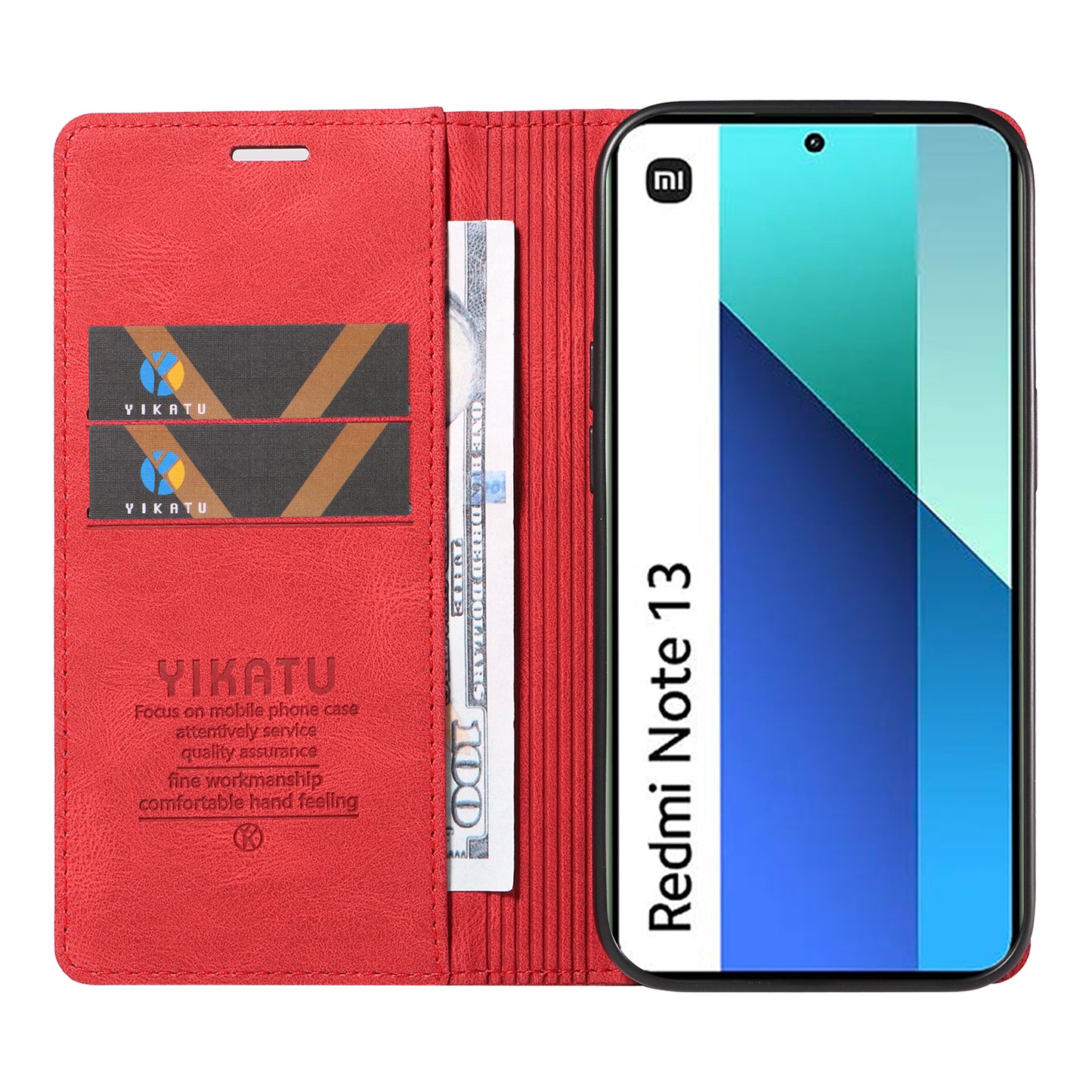YIKATU YK-004 For Xiaomi Redmi Note 13 4G Leather Case Wallet Magnetic Closing - Red