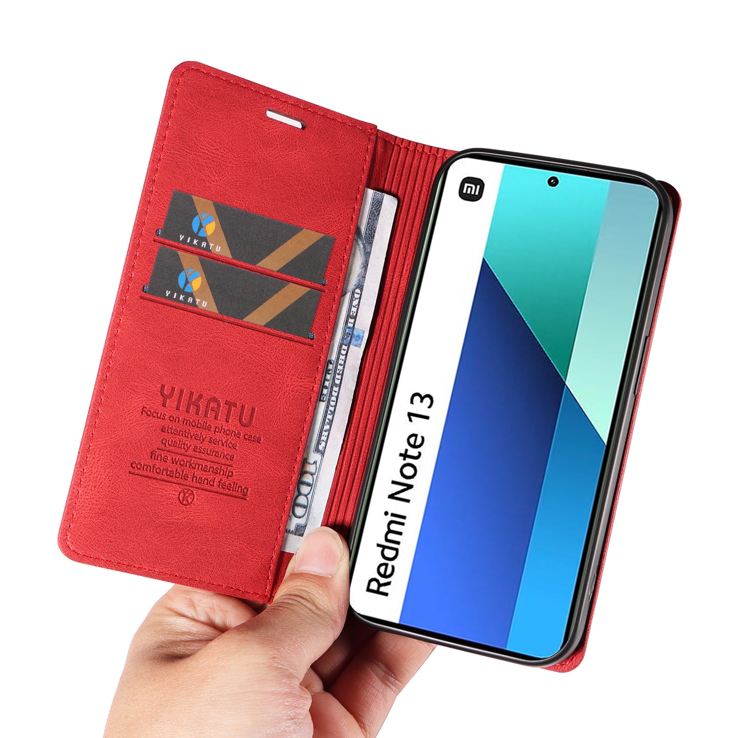 YIKATU YK-004 For Xiaomi Redmi Note 13 4G Leather Case Wallet Magnetic Closing - Red