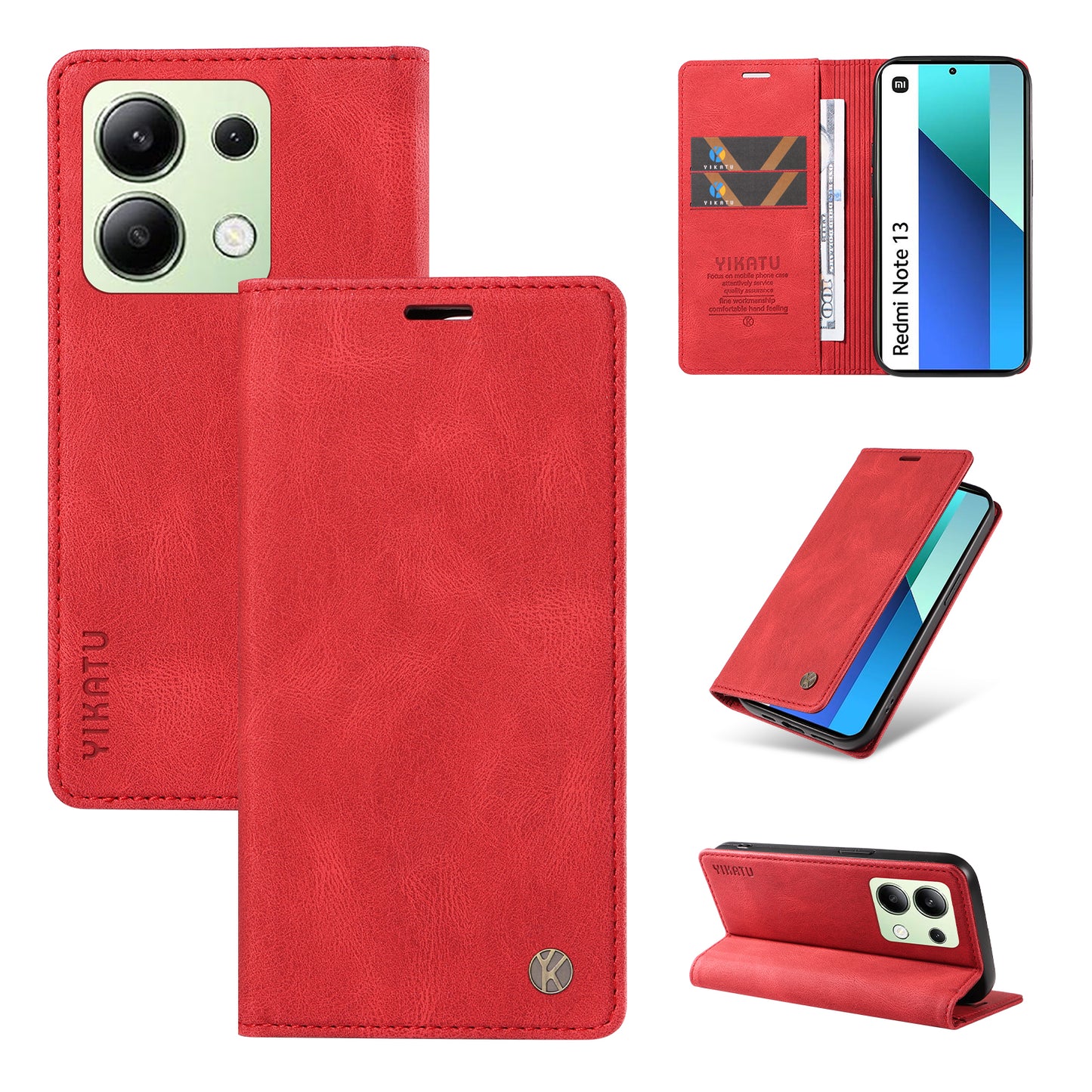 YIKATU YK-004 For Xiaomi Redmi Note 13 4G Leather Case Wallet Magnetic Closing - Red