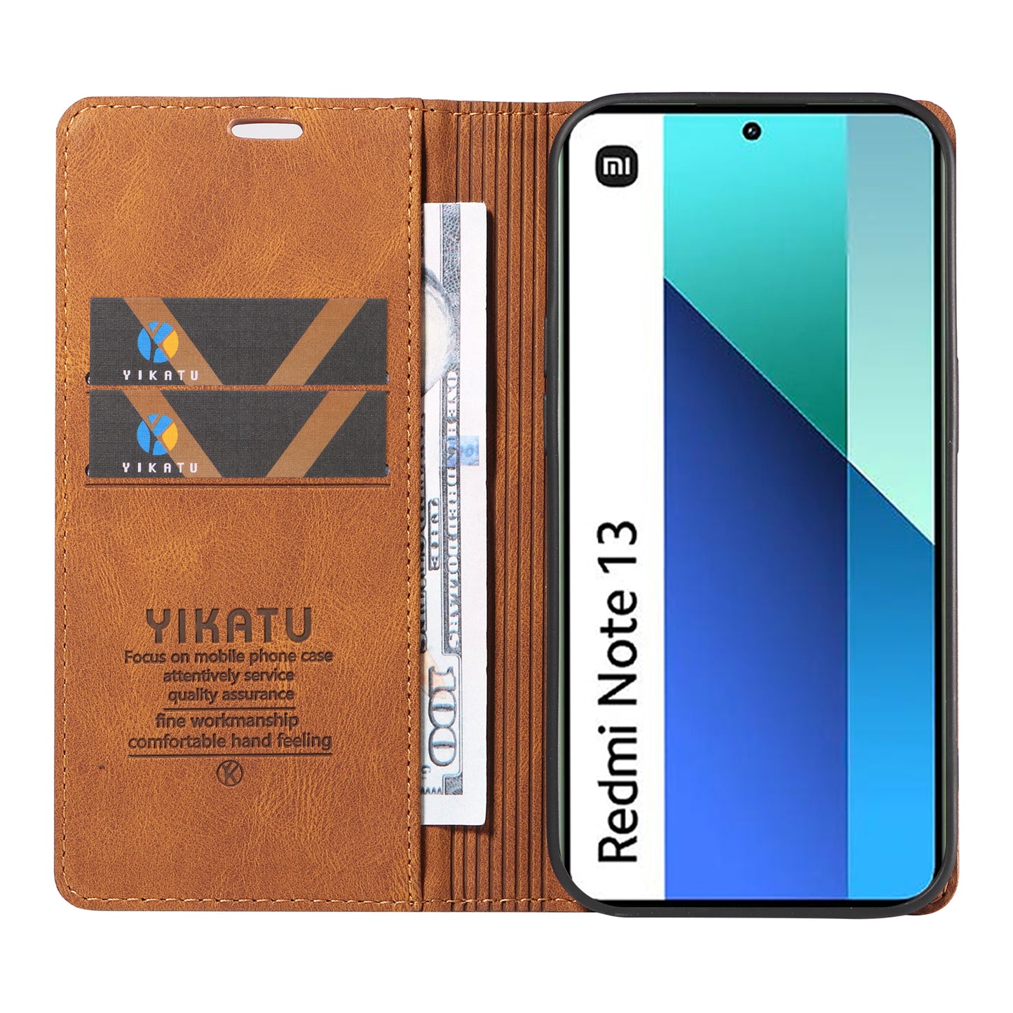 YIKATU YK-004 For Xiaomi Redmi Note 13 4G Leather Case Wallet Magnetic Closing - Brown