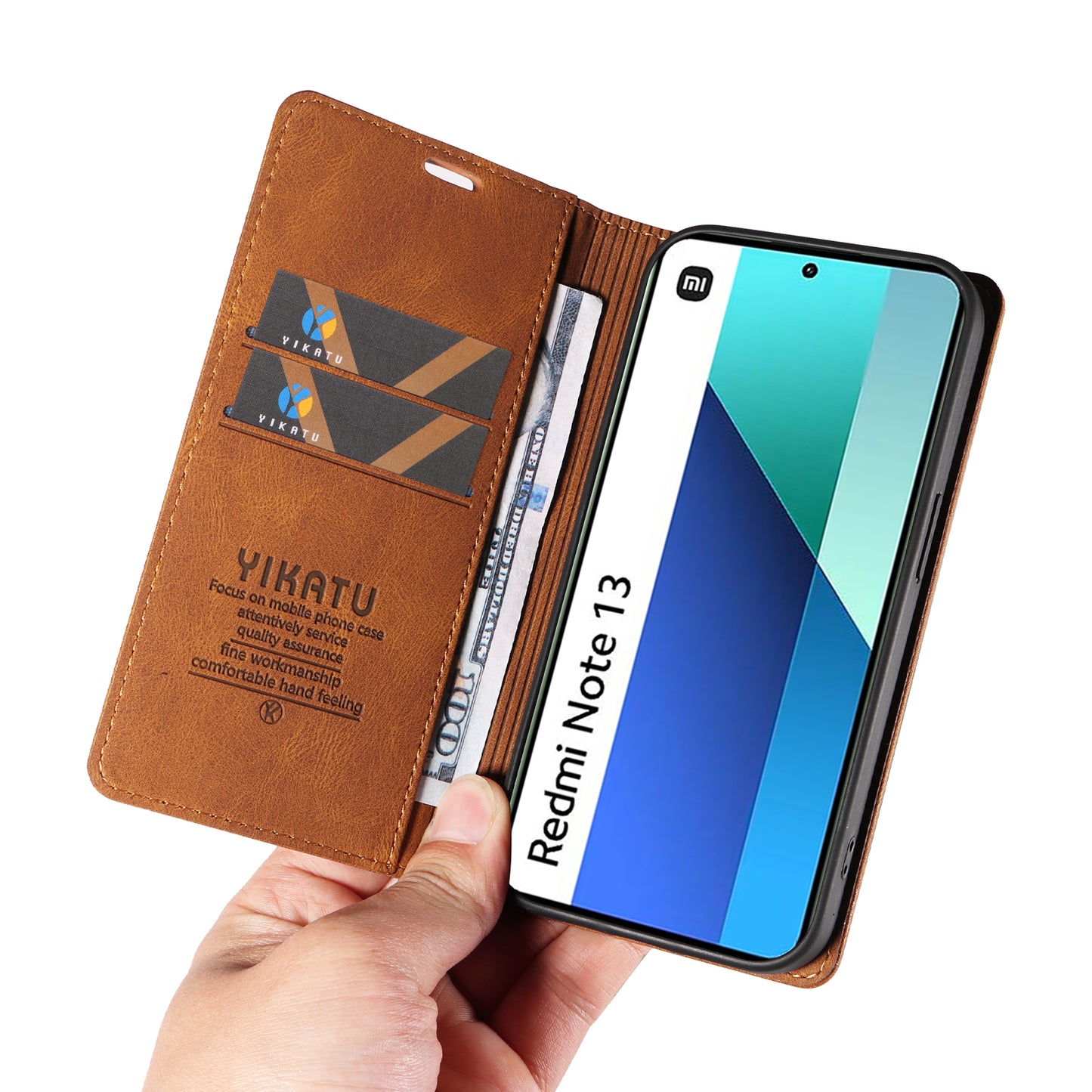 YIKATU YK-004 For Xiaomi Redmi Note 13 4G Leather Case Wallet Magnetic Closing - Brown
