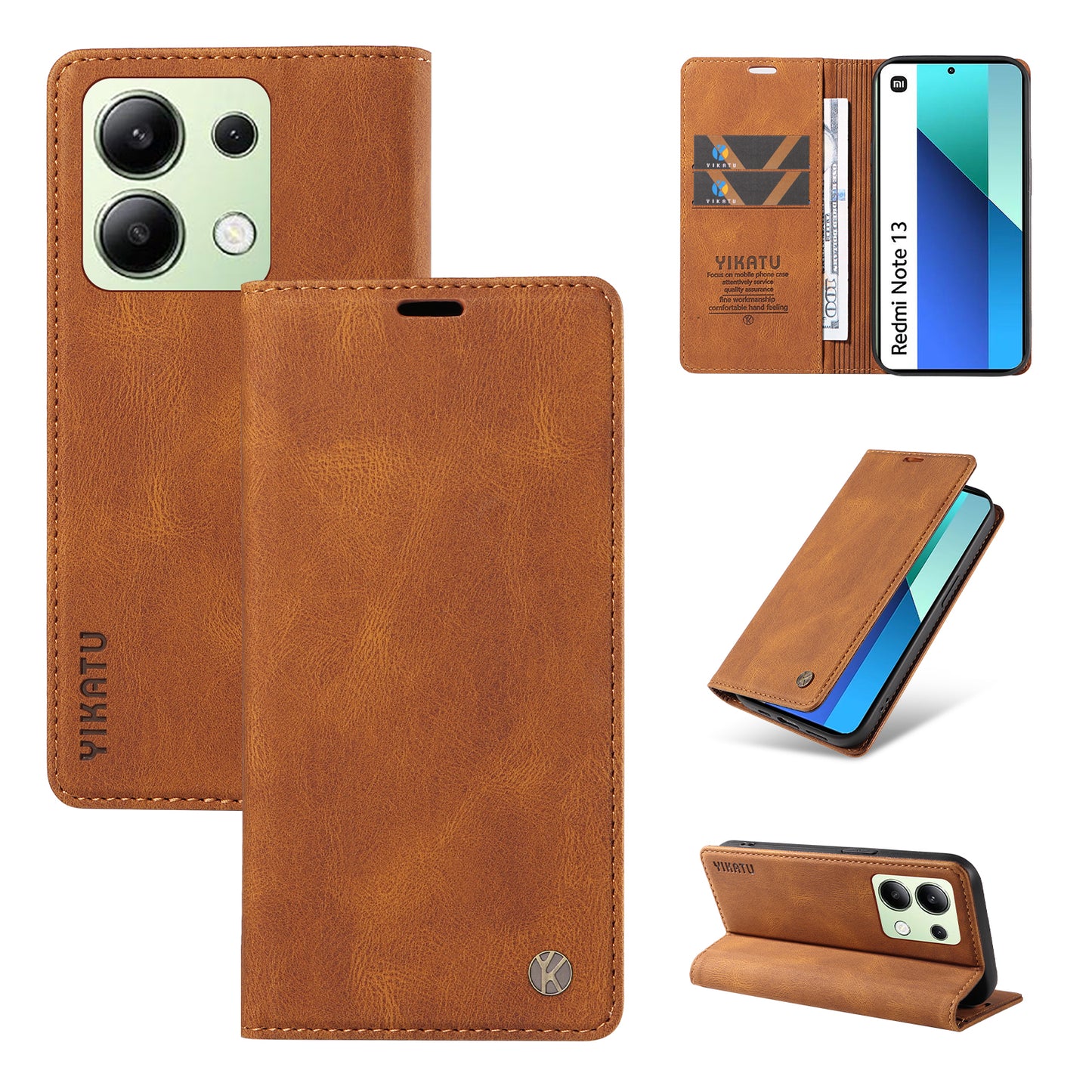 YIKATU YK-004 For Xiaomi Redmi Note 13 4G Leather Case Wallet Magnetic Closing - Brown