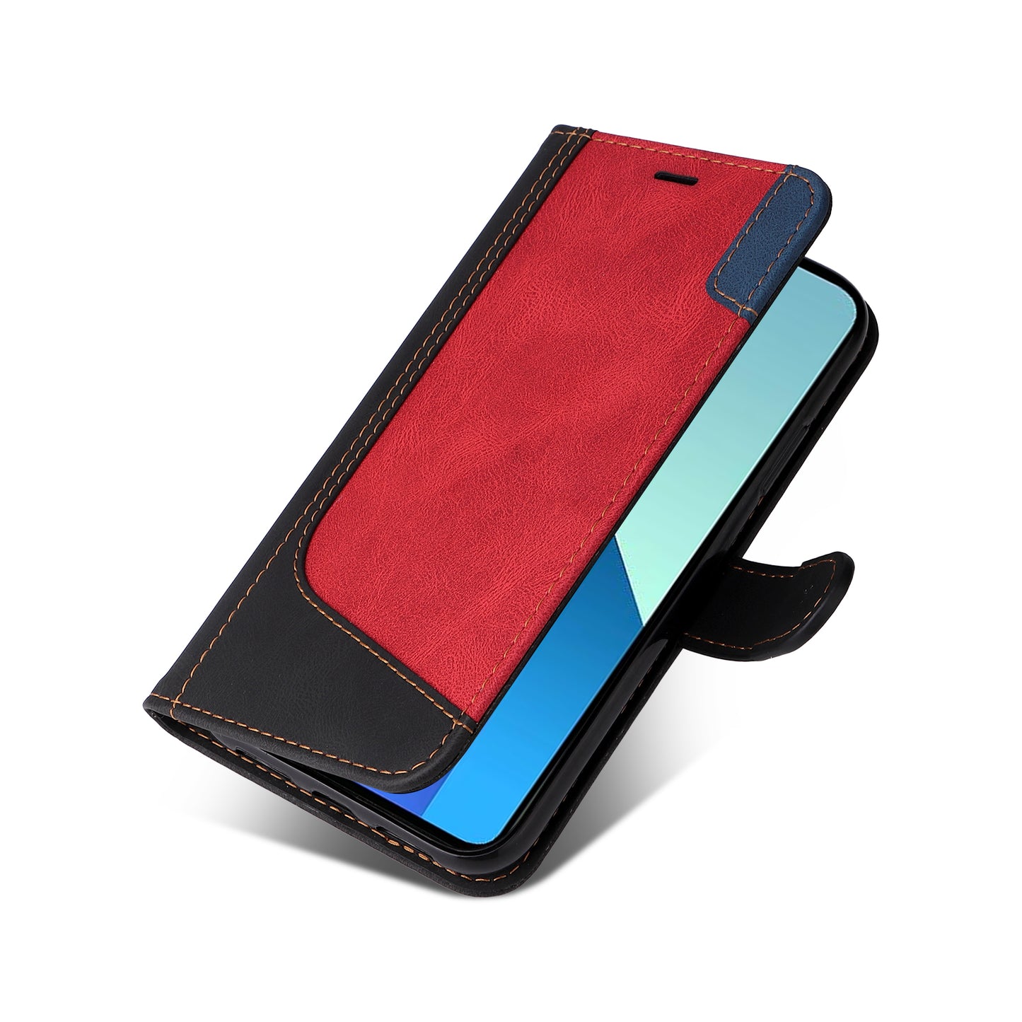 For Xiaomi Redmi Note 13 4G Leather Case Three-color Splicing Phone Cover - Black