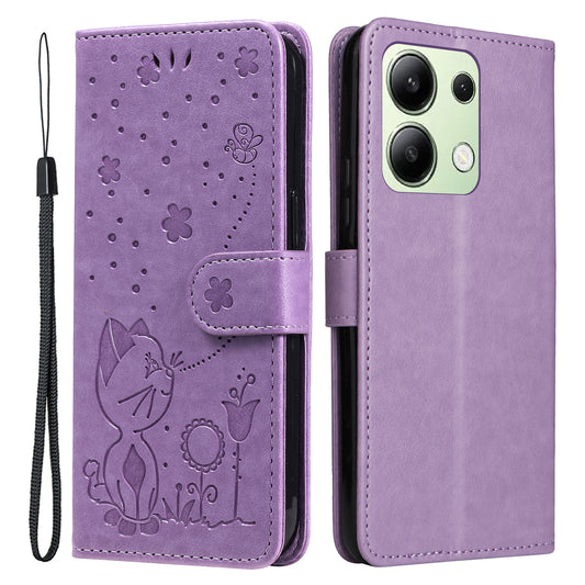 KT Imprinting Flower Series-4 For Xiaomi Redmi Note 13 4G Leather Phone Case Cat Bee Pattern - Purple