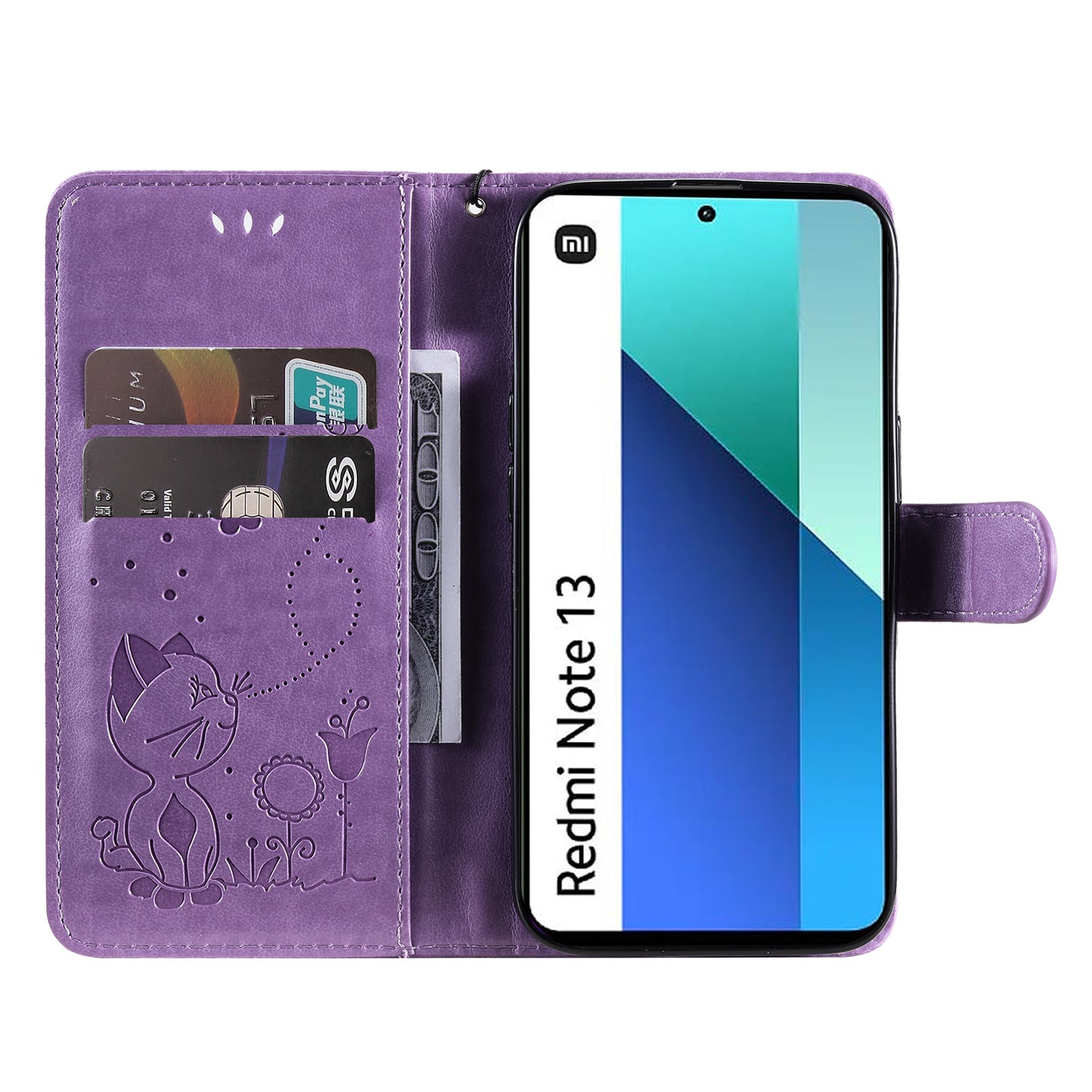 KT Imprinting Flower Series-4 For Xiaomi Redmi Note 13 4G Leather Phone Case Cat Bee Pattern - Purple