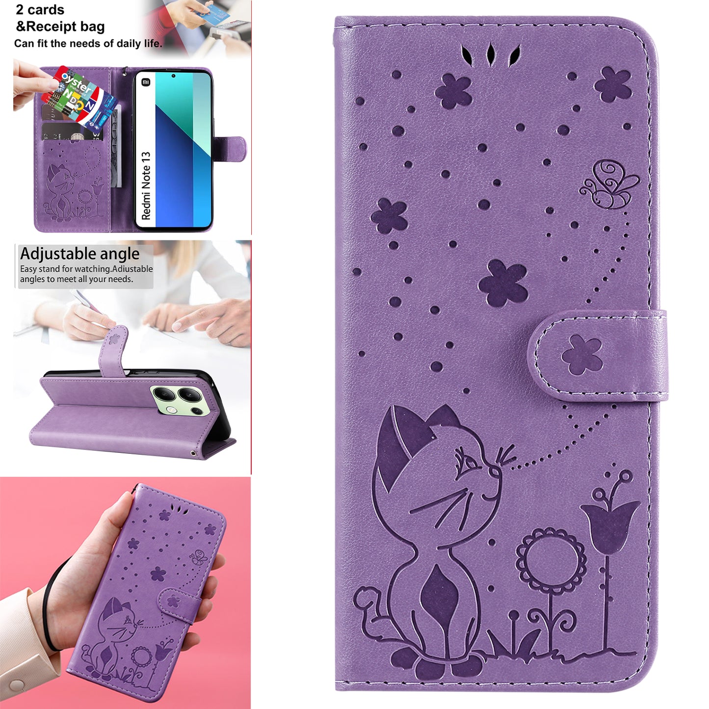 KT Imprinting Flower Series-4 For Xiaomi Redmi Note 13 4G Leather Phone Case Cat Bee Pattern - Purple