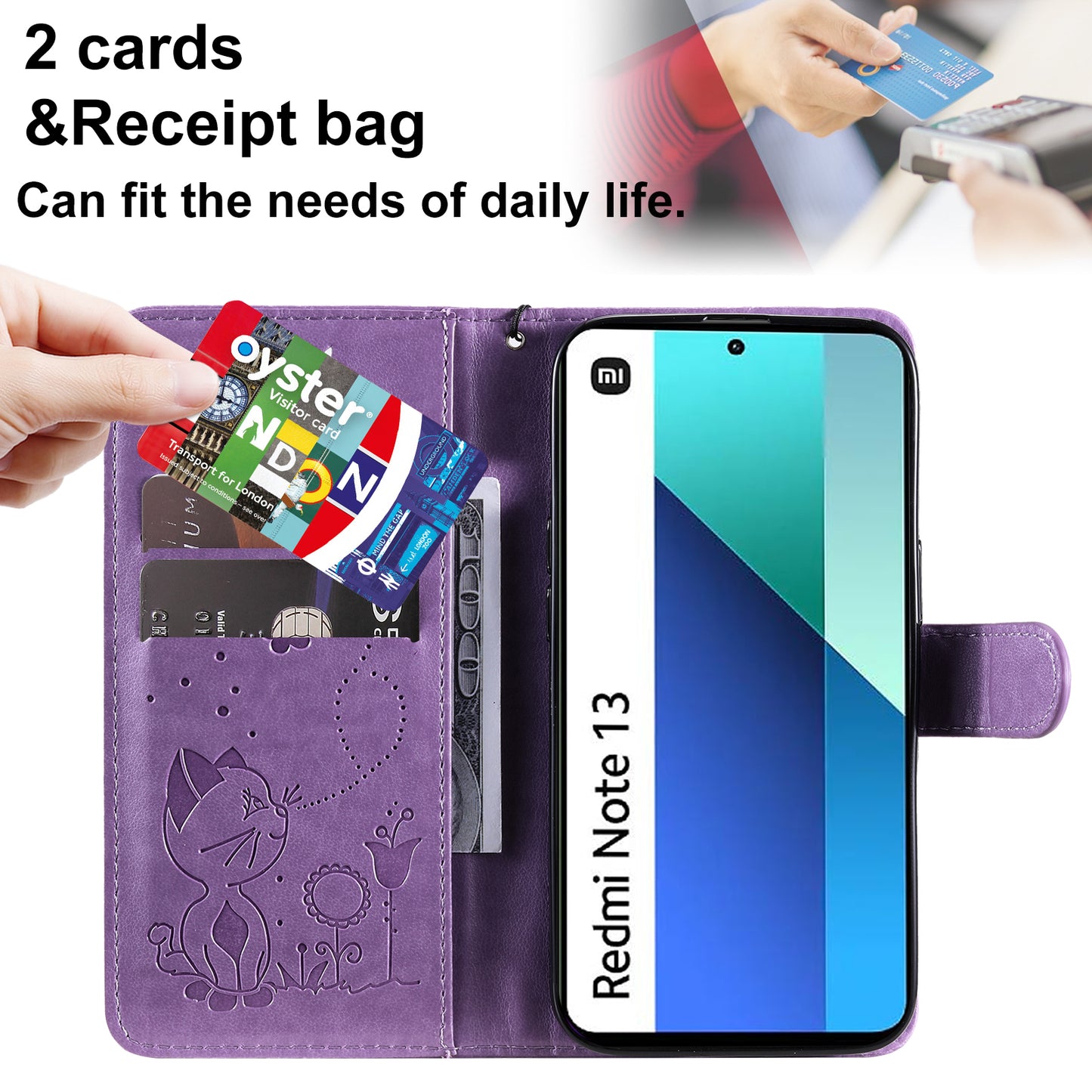 KT Imprinting Flower Series-4 For Xiaomi Redmi Note 13 4G Leather Phone Case Cat Bee Pattern - Purple