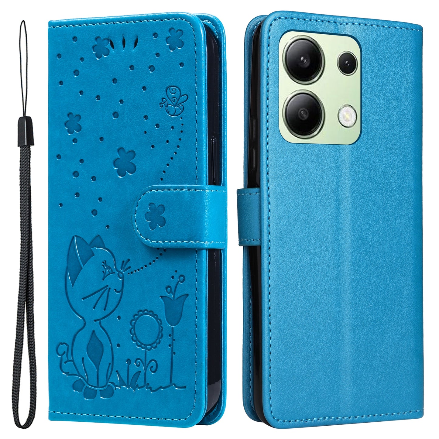 KT Imprinting Flower Series-4 For Xiaomi Redmi Note 13 4G Leather Phone Case Cat Bee Pattern - Blue