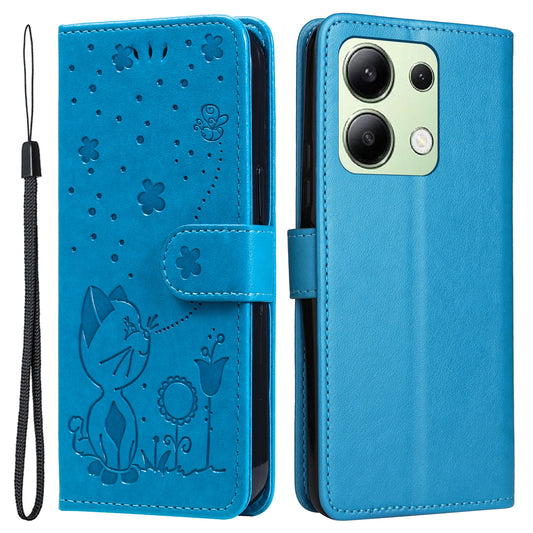 KT Imprinting Flower Series-4 For Xiaomi Redmi Note 13 4G Leather Phone Case Cat Bee Pattern - Blue