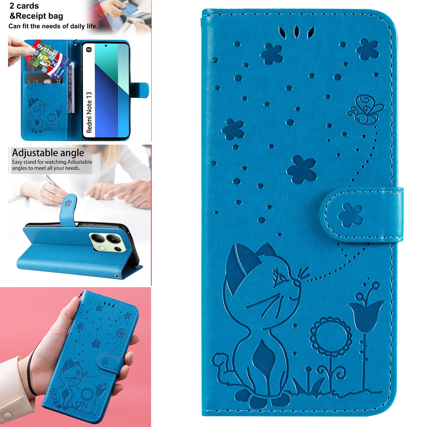 KT Imprinting Flower Series-4 For Xiaomi Redmi Note 13 4G Leather Phone Case Cat Bee Pattern - Blue