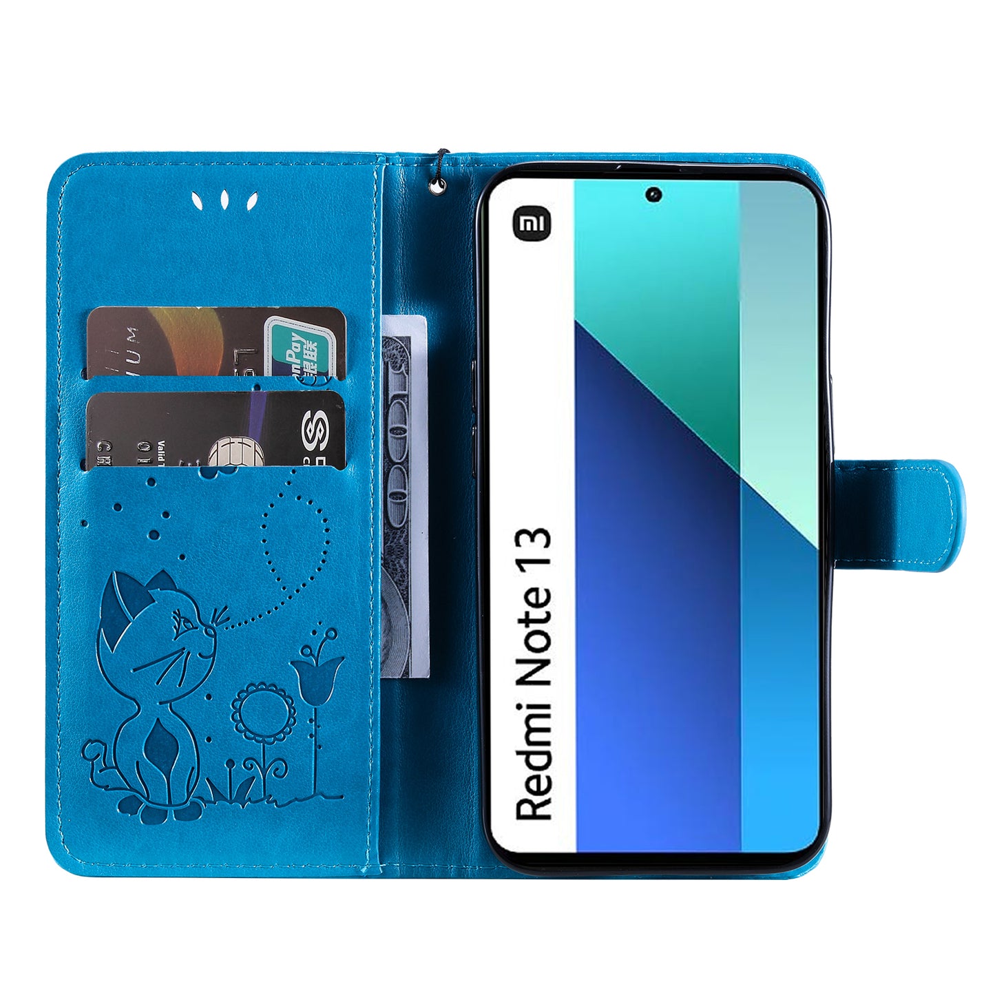 KT Imprinting Flower Series-4 For Xiaomi Redmi Note 13 4G Leather Phone Case Cat Bee Pattern - Blue