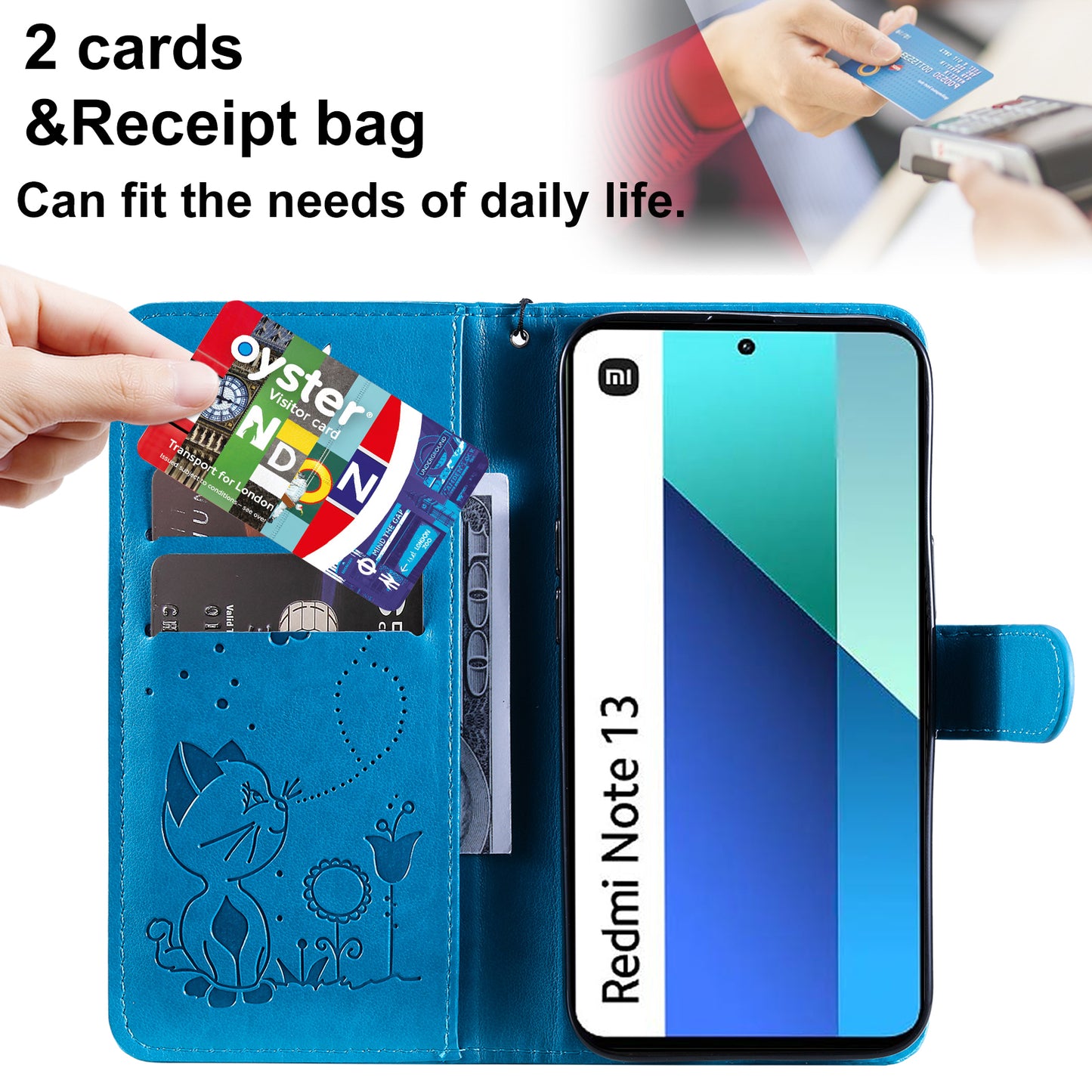KT Imprinting Flower Series-4 For Xiaomi Redmi Note 13 4G Leather Phone Case Cat Bee Pattern - Blue