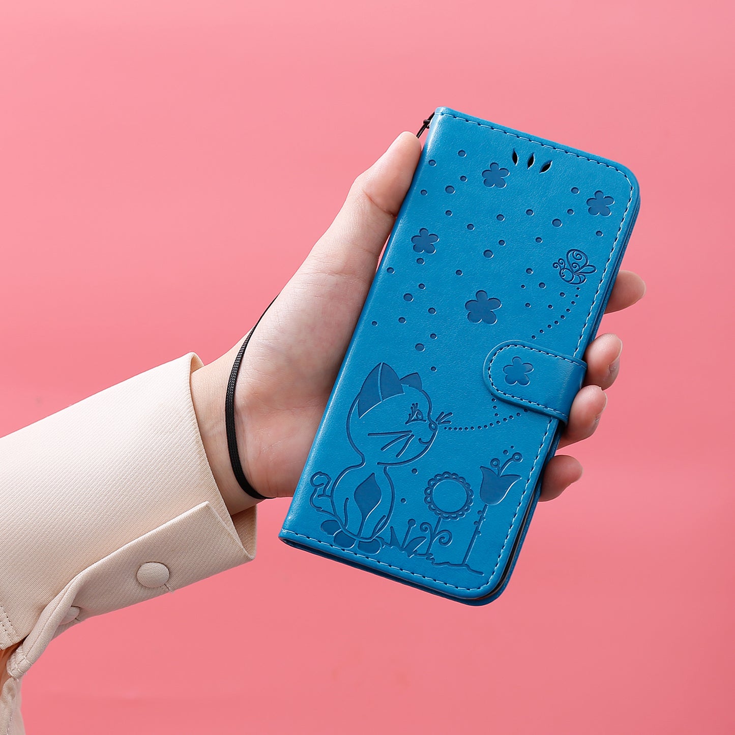 KT Imprinting Flower Series-4 For Xiaomi Redmi Note 13 4G Leather Phone Case Cat Bee Pattern - Blue