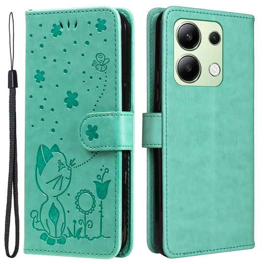 KT Imprinting Flower Series-4 For Xiaomi Redmi Note 13 4G Leather Phone Case Cat Bee Pattern - Green