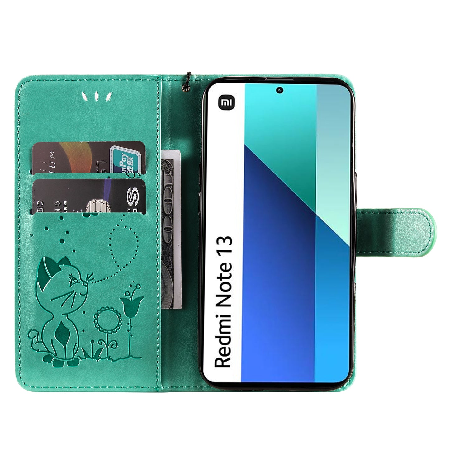 KT Imprinting Flower Series-4 For Xiaomi Redmi Note 13 4G Leather Phone Case Cat Bee Pattern - Green
