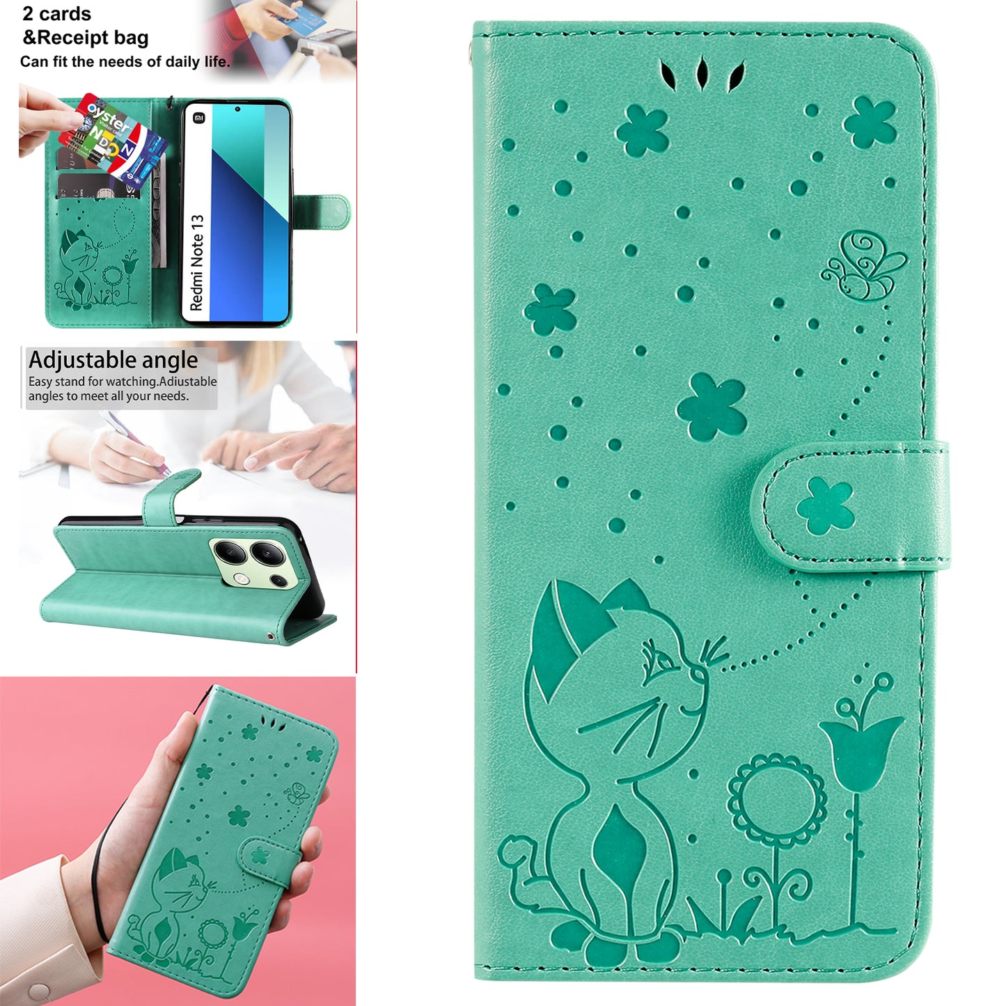 KT Imprinting Flower Series-4 For Xiaomi Redmi Note 13 4G Leather Phone Case Cat Bee Pattern - Green