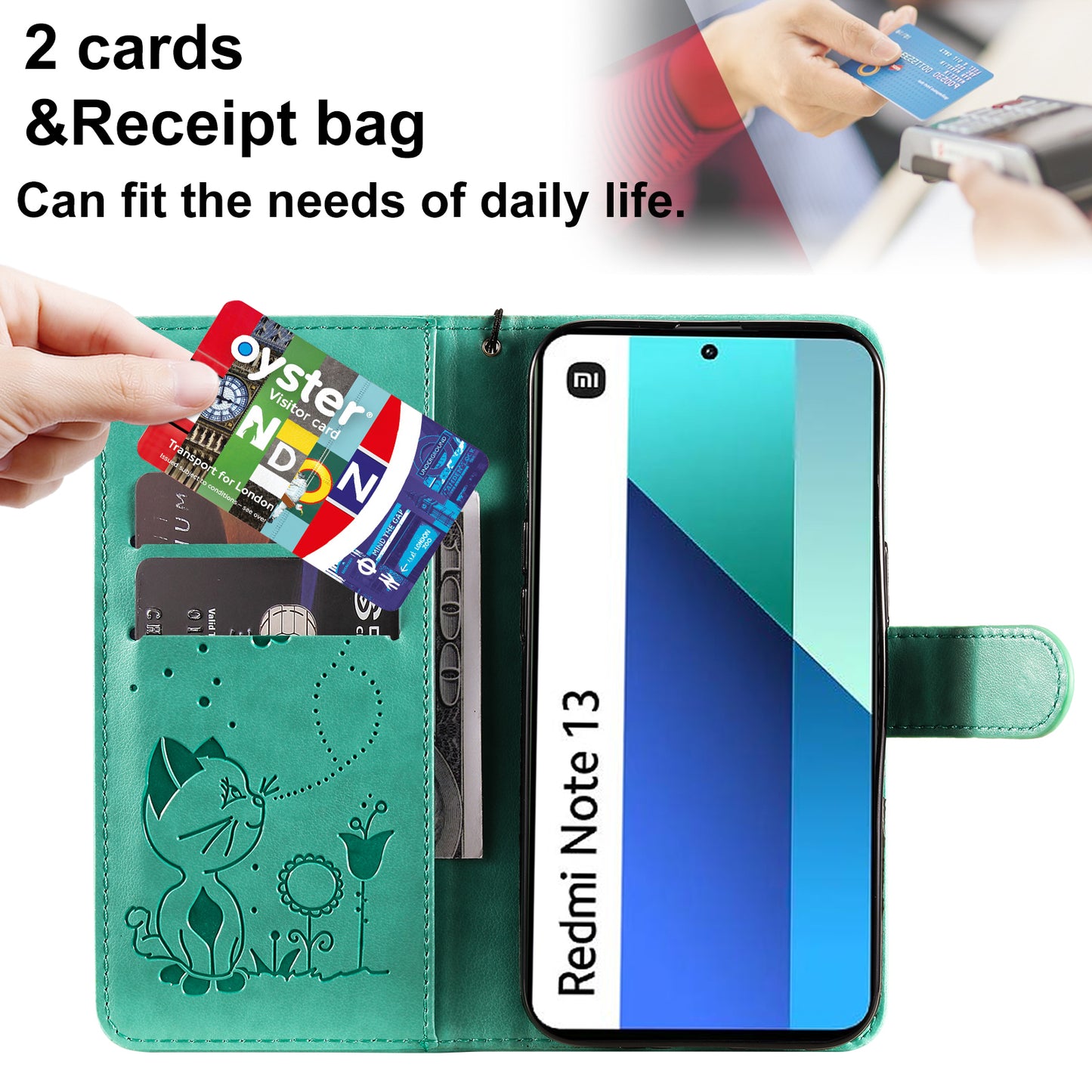 KT Imprinting Flower Series-4 For Xiaomi Redmi Note 13 4G Leather Phone Case Cat Bee Pattern - Green