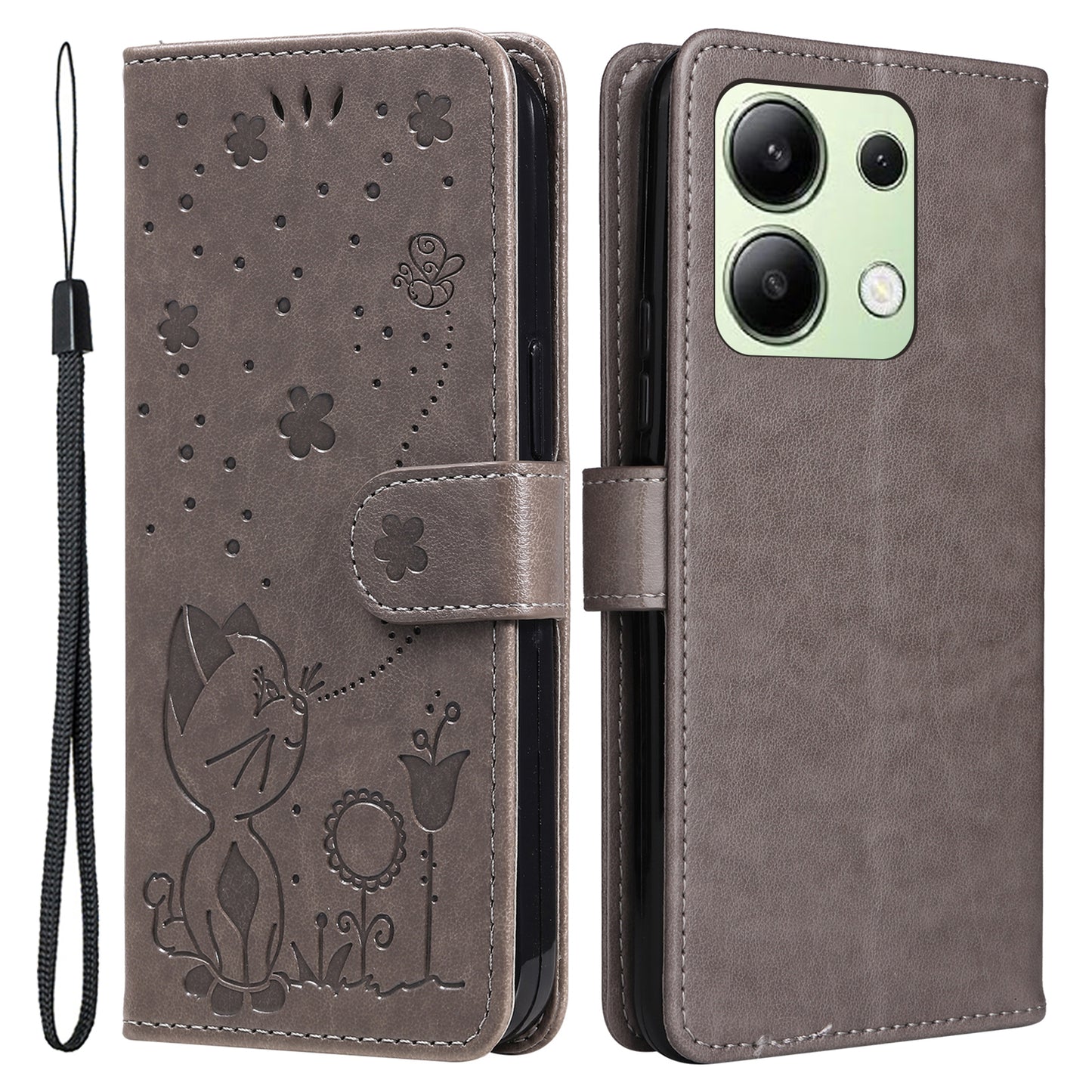 KT Imprinting Flower Series-4 For Xiaomi Redmi Note 13 4G Leather Phone Case Cat Bee Pattern - Grey