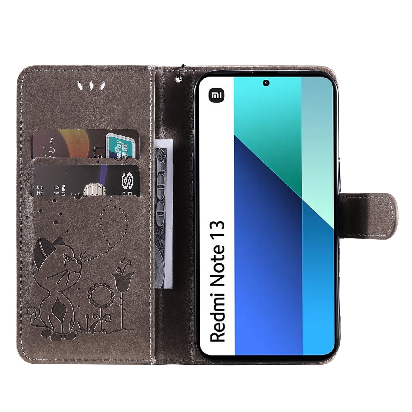 KT Imprinting Flower Series-4 For Xiaomi Redmi Note 13 4G Leather Phone Case Cat Bee Pattern - Grey