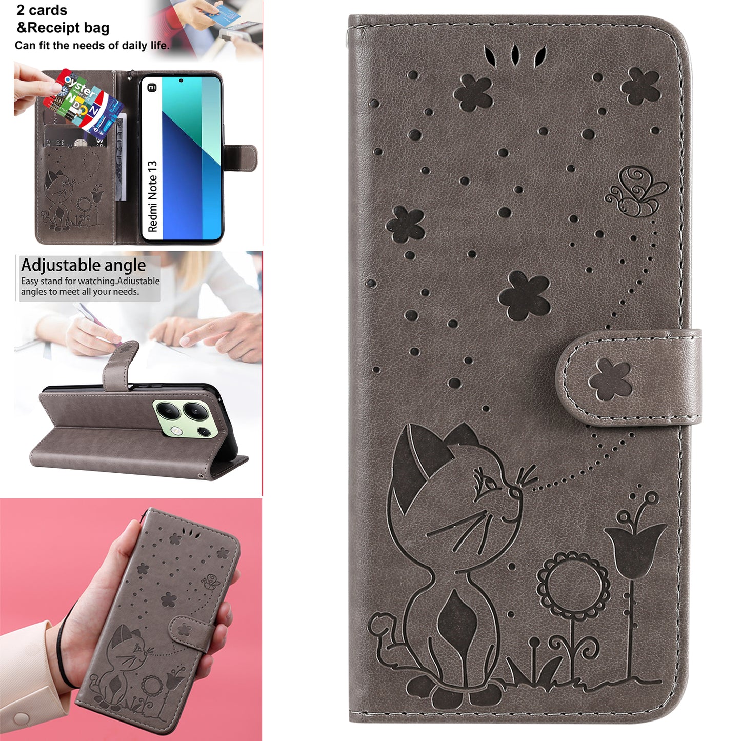KT Imprinting Flower Series-4 For Xiaomi Redmi Note 13 4G Leather Phone Case Cat Bee Pattern - Grey