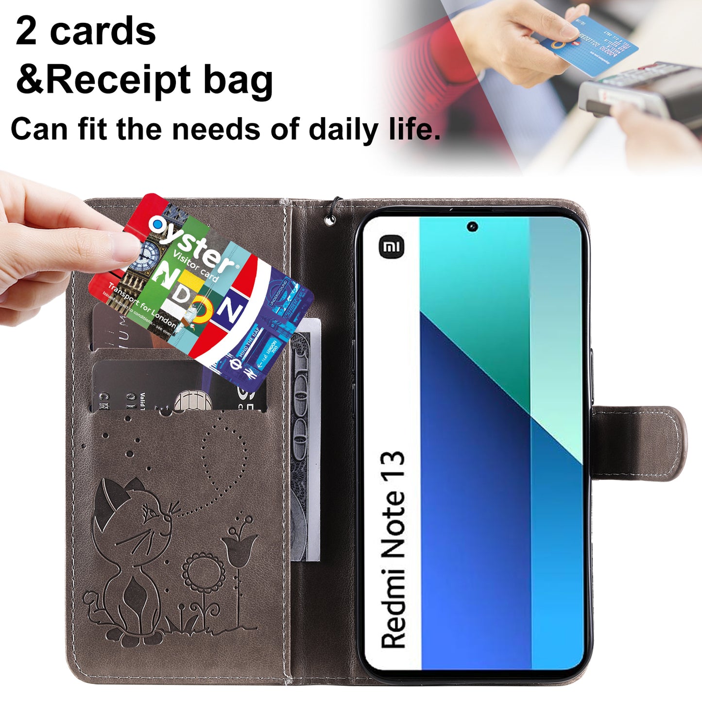 KT Imprinting Flower Series-4 For Xiaomi Redmi Note 13 4G Leather Phone Case Cat Bee Pattern - Grey