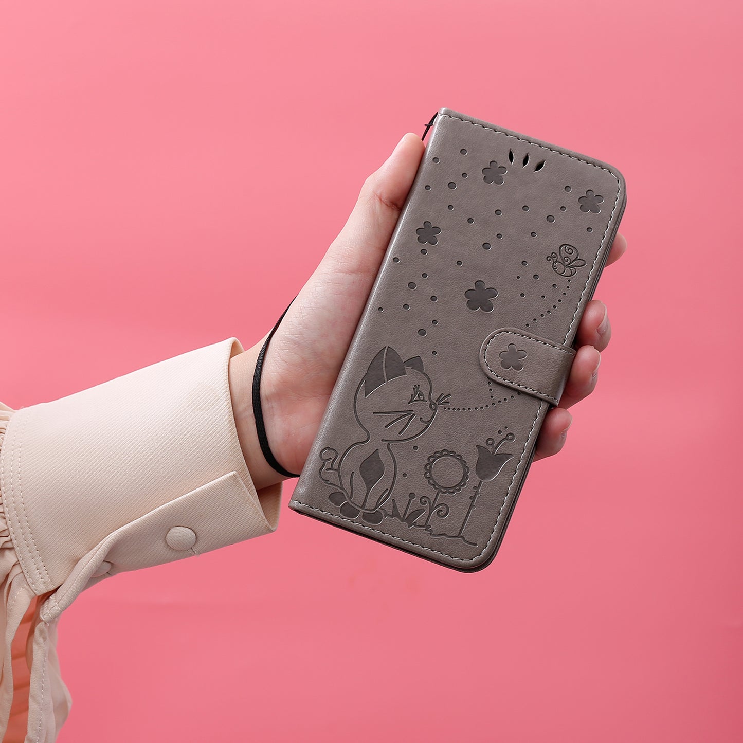 KT Imprinting Flower Series-4 For Xiaomi Redmi Note 13 4G Leather Phone Case Cat Bee Pattern - Grey