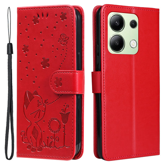 KT Imprinting Flower Series-4 For Xiaomi Redmi Note 13 4G Leather Phone Case Cat Bee Pattern - Red