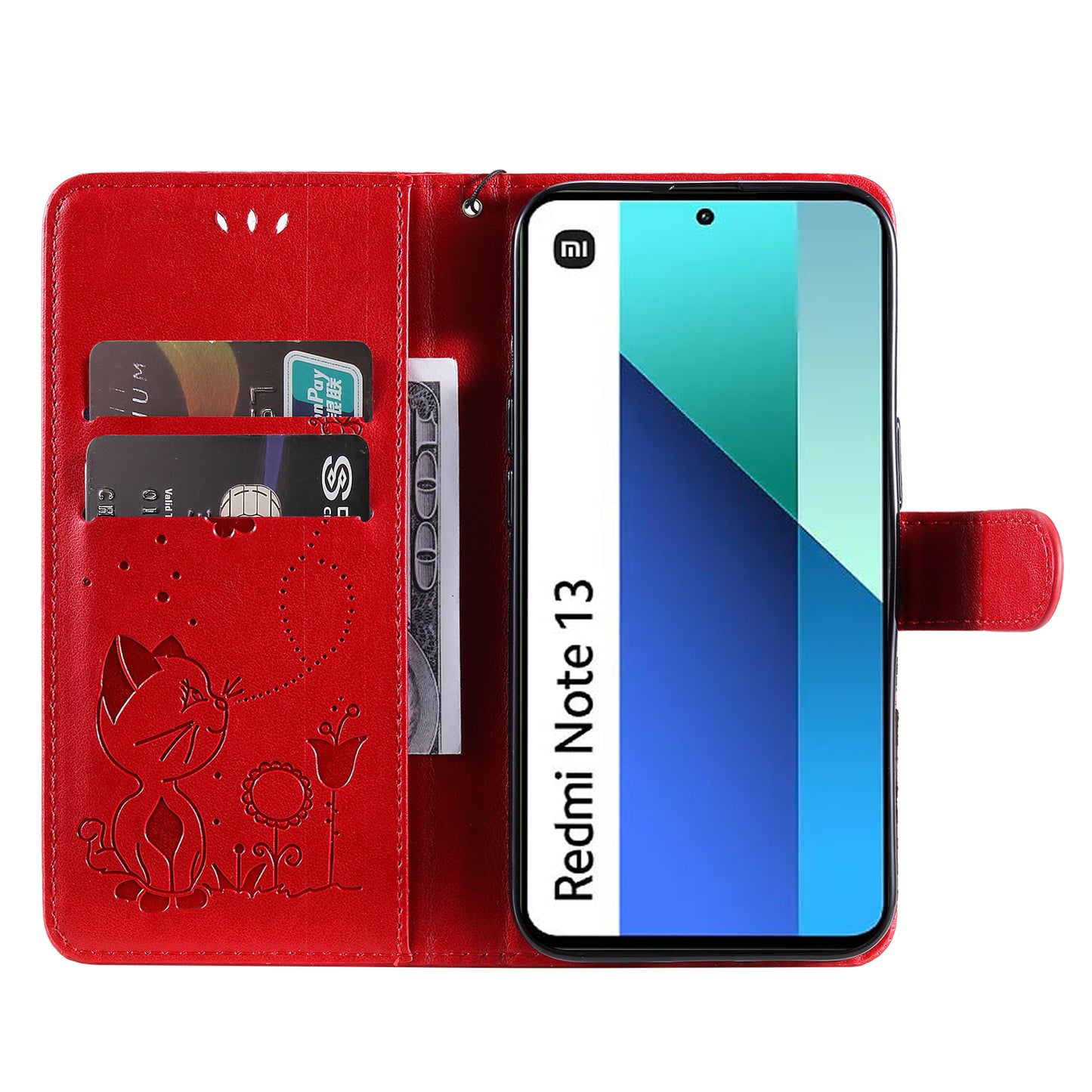 KT Imprinting Flower Series-4 For Xiaomi Redmi Note 13 4G Leather Phone Case Cat Bee Pattern - Red