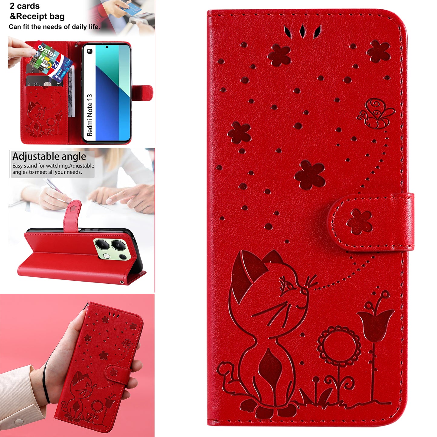KT Imprinting Flower Series-4 For Xiaomi Redmi Note 13 4G Leather Phone Case Cat Bee Pattern - Red