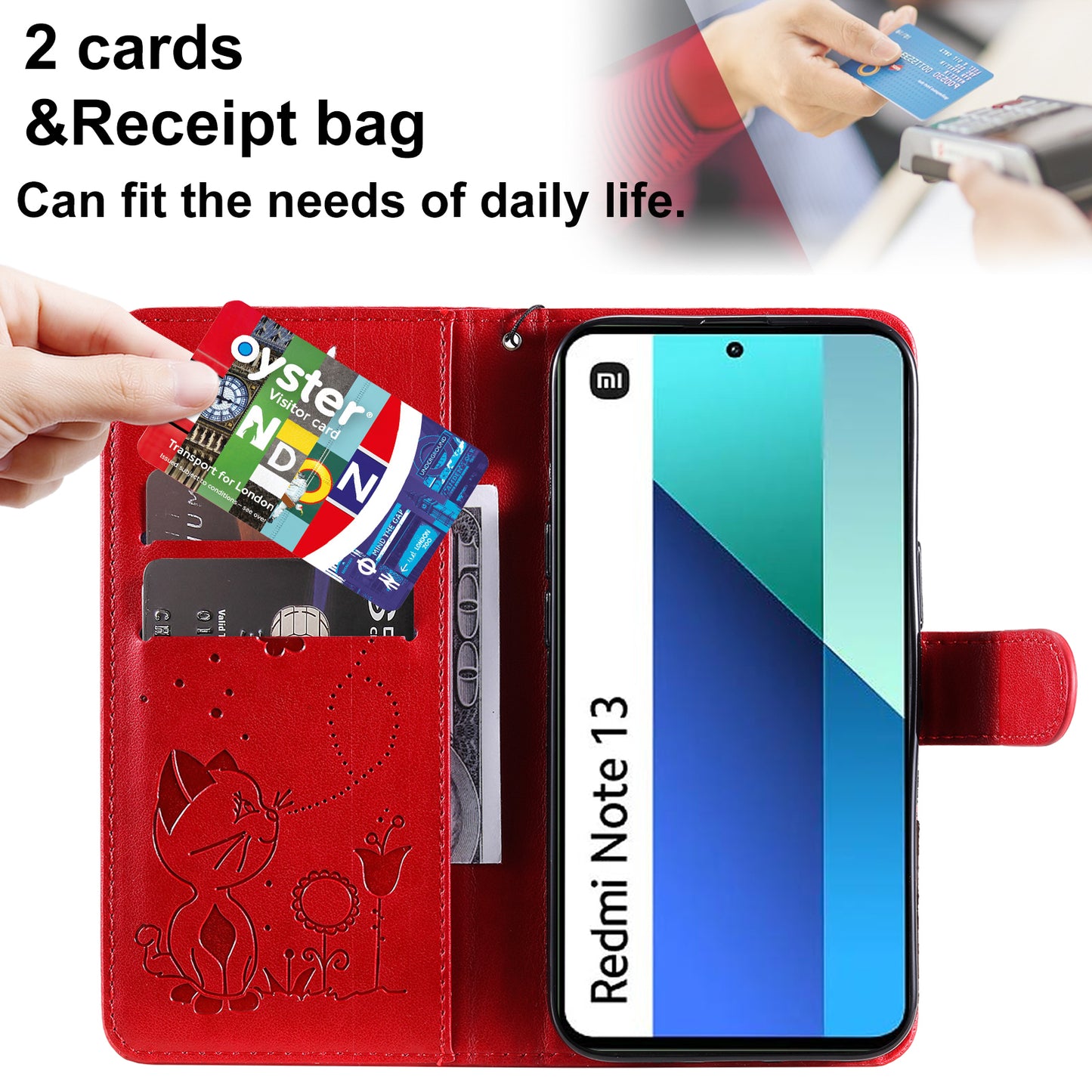 KT Imprinting Flower Series-4 For Xiaomi Redmi Note 13 4G Leather Phone Case Cat Bee Pattern - Red
